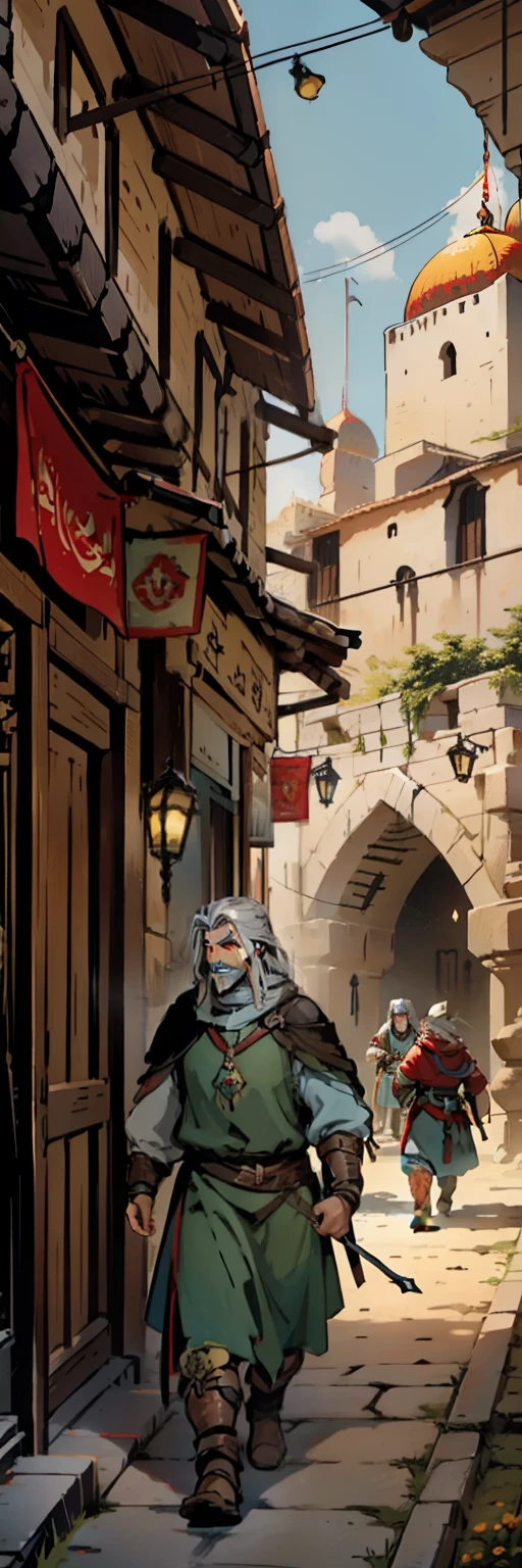 medieval fantasy illustration, two persons, male dark hair warrior, female grey hair dwarf crossbow, walking in a arabic fair