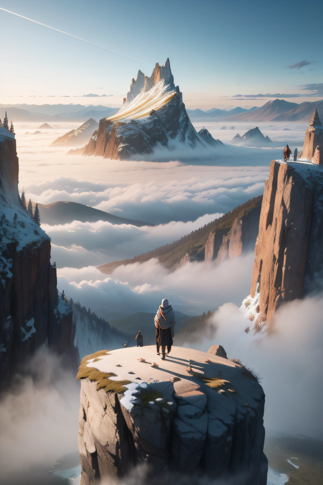 rays of sunshine,lake,High hills,There is a mist at the top of the high mountain,salama,thin fog,HD picture quality group of people standing on the beach,Underwear snow,A detailed matte painting