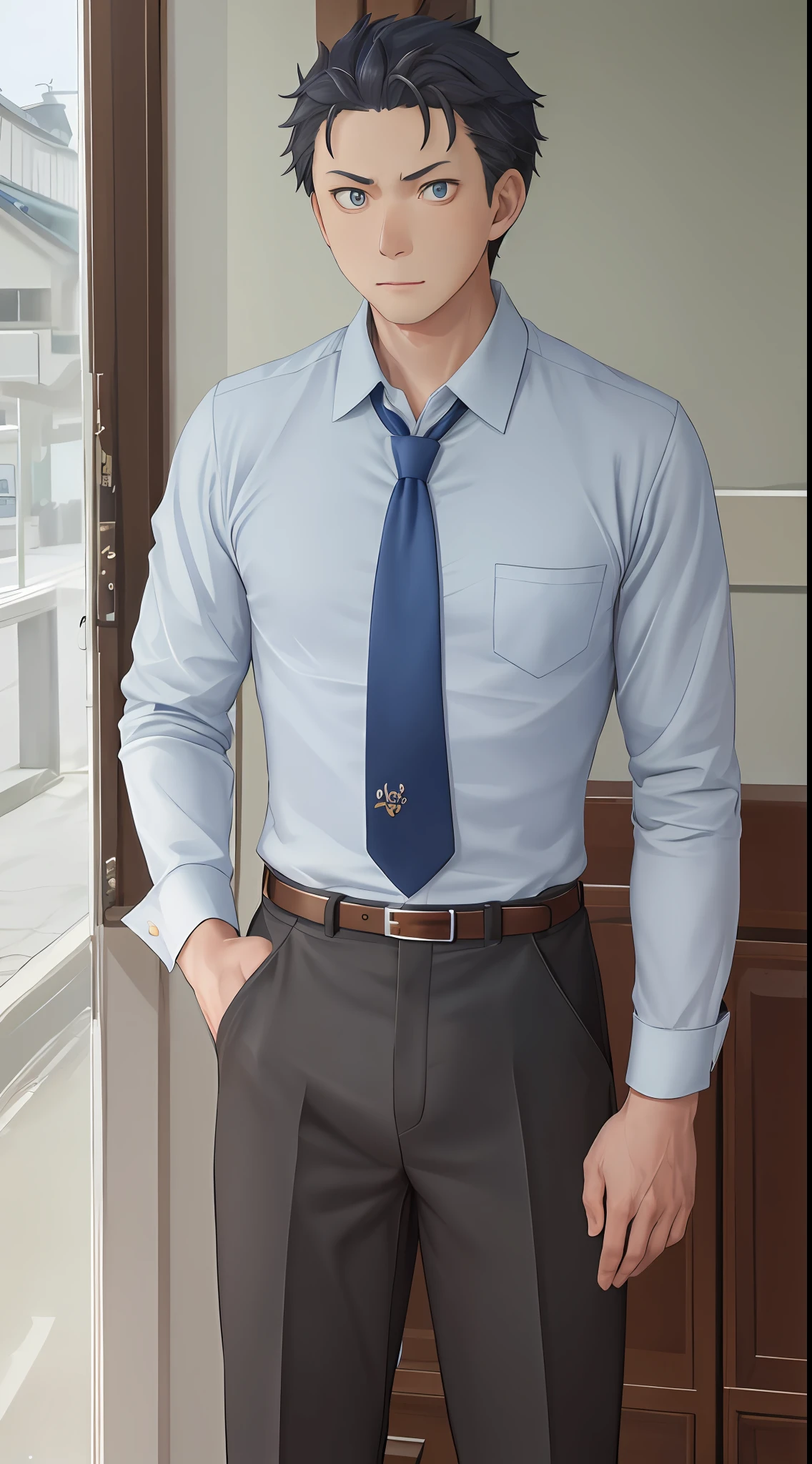 (1 Adult male),A high resolution, Sharp focus, Pixiv masterpiece, ((Complicated details)), highly detailed, natsuki_subaru, 1 man, serious,full bodyesbian, Blue ㇏ eyes(eyes glowing), blue short hair,white shirt,Wear a tie,Wear a belt,perspire,look from down