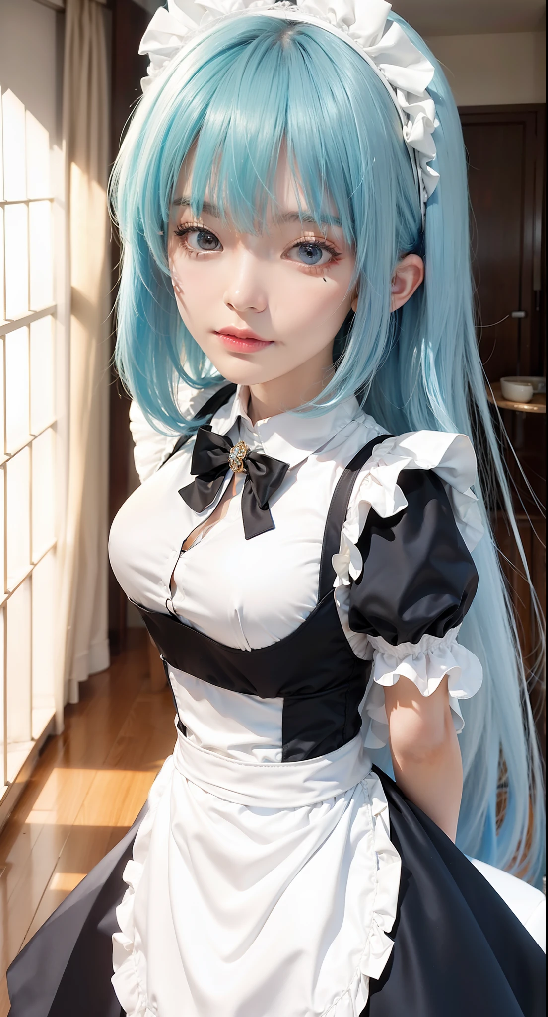 Masterpiece, 1 beautiful girl, detailed eyes, swollen eyes, top quality, super high res, (Reality: 1.4), cinematic lighting, Japanese, Asian beauty, Korean, very beautiful, beautiful skin, slender, body facing forward, (super realistic), (high res), (8K), (very detailed), ( Best Illustration), (beautifully detailed eyes), (super detailed), (wallpaper), detailed face, bright lighting, professional lighting, looking at viewer, facing straight ahead, neat clothes, short hair, blue hair, pureerosfaceace_v1, 46 point slanted bangs, hotel room with morning sun in the background, window The background is a hotel room with the morning sun shining through the window, a clear ocean outside, and an angle from the waist up,