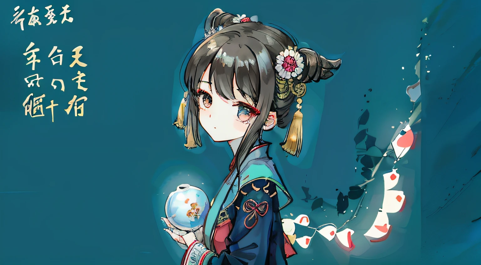 A woman holds a manga with a heart with kanji, Middle metaverse, inspired by Li Tiefu, inspired by Ma Yuanyu, Inspired by Zou Yigui, inspired by Zhang Xiaogang, inspired by Lin Tinggui, shaxi, Lu Ji, inspired by Li Fangying, inspired by Qu Leilei