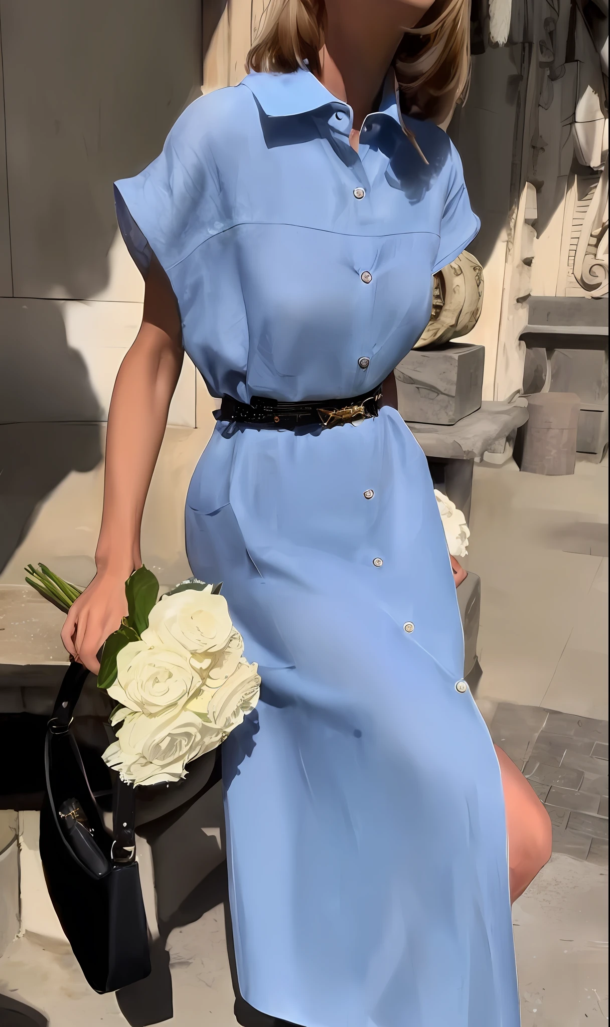 Arafed Woman in a blue dress holding a bouquet of flowers, usando um vestido azul, sky - blue dress, um vestido azul, em vestido azul, vestido de azul, vestido elegante, usando vestido azul, vestido azul, vestido simples, vestido azul gelado;, detalhes suaves azuis, pale blue outfit, roupas azuis, 🤠 usando um 🖥, roupa azul
