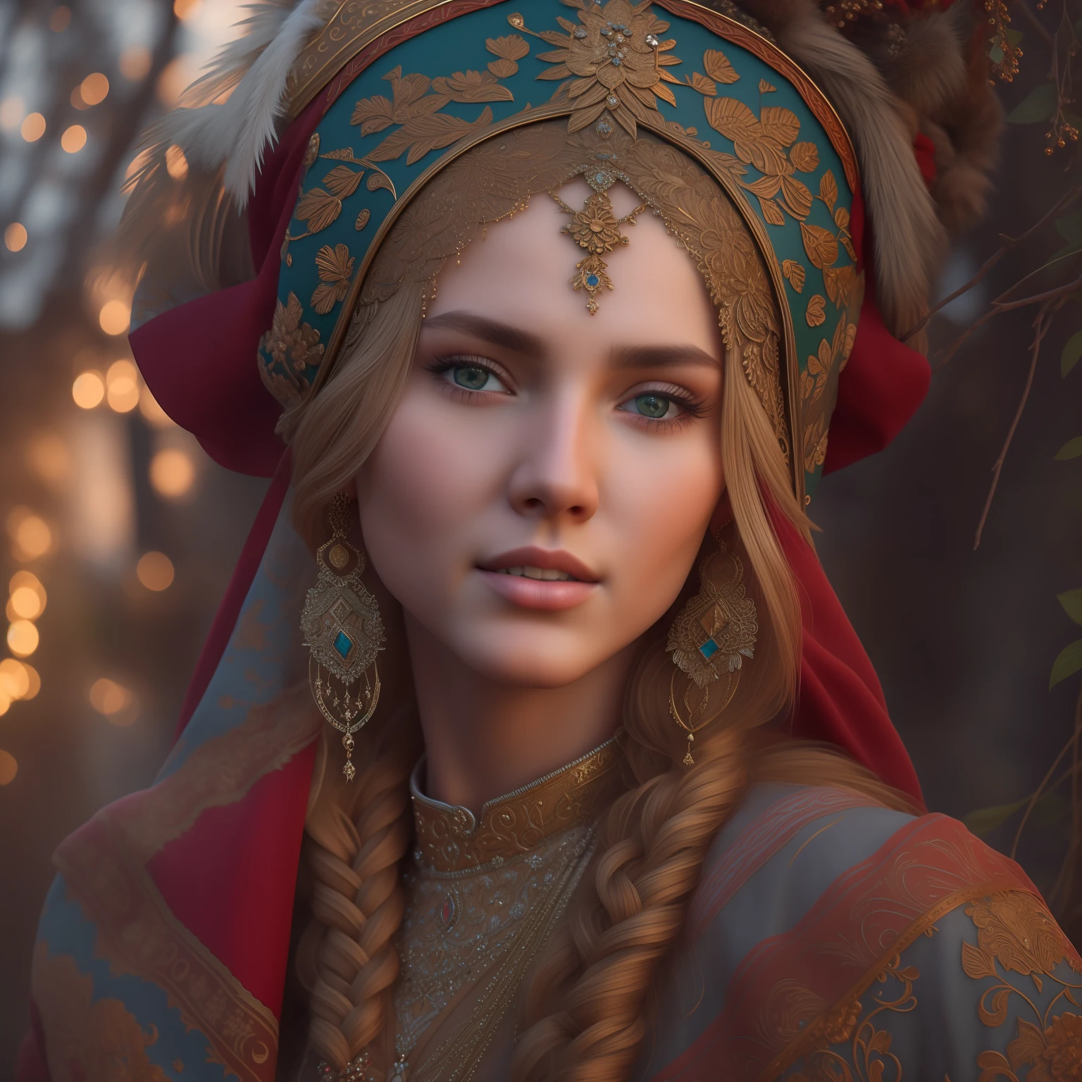 ((Majestic Slavic woman)), Russian village beauty, Pure heart, A Bright Mind, Strong in spirit, Cinematic lighting, High Resolution, insane details, intricate details, hyper detailed, intricately-detailed, intricate detials, splash screen, complementary colours,8K resolution, Deviantart's ultra-realistic masterpiece