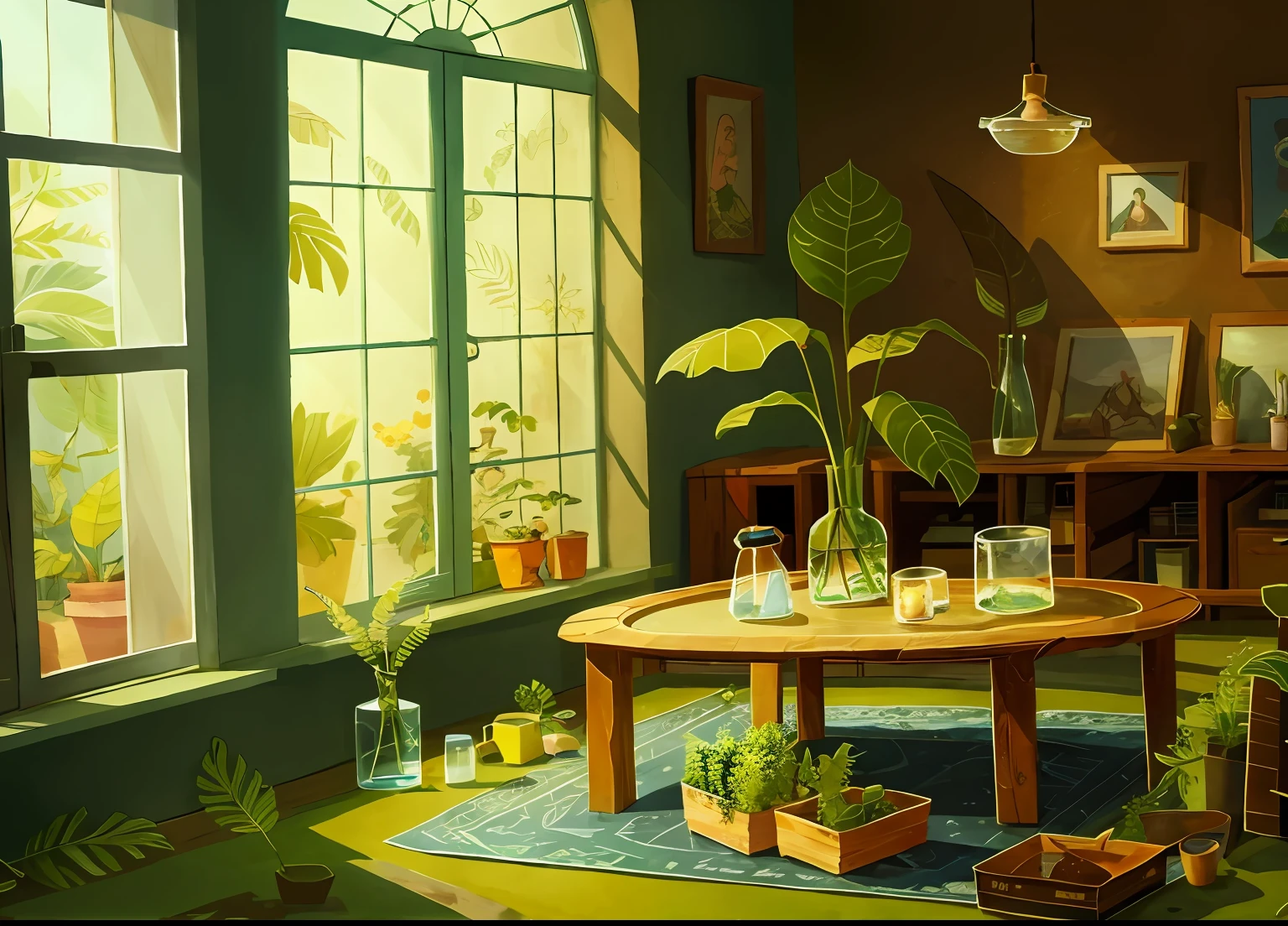 tmasterpiece，best of quality，Song of the Sea，
（Plant sheds：1.3）， a plant， fern，  inside in room， Glass flower room，sofe，tea table，realisticlying，oil painted，
， textur， 2D illustration，