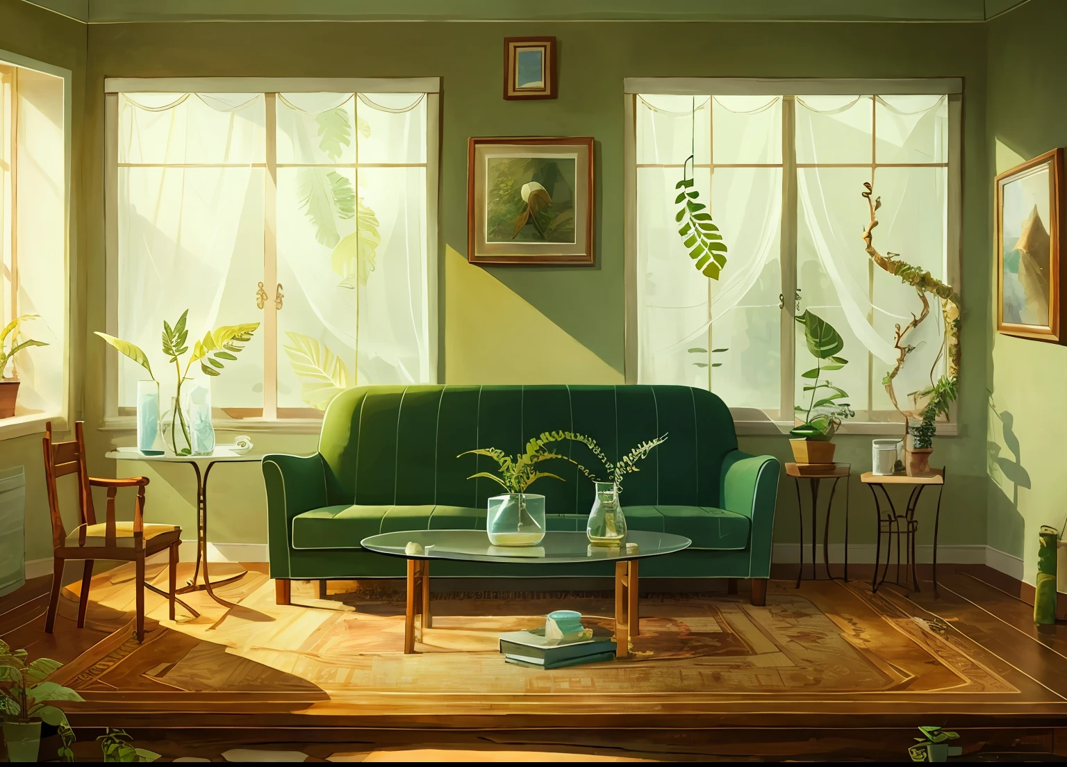 tmasterpiece，best of quality，Song of the Sea，
（Plant sheds：1.3）， a plant， fern，  inside in room， Glass flower room，sofe，tea table，realisticlying，oil painted，
， textur， 2D illustration，