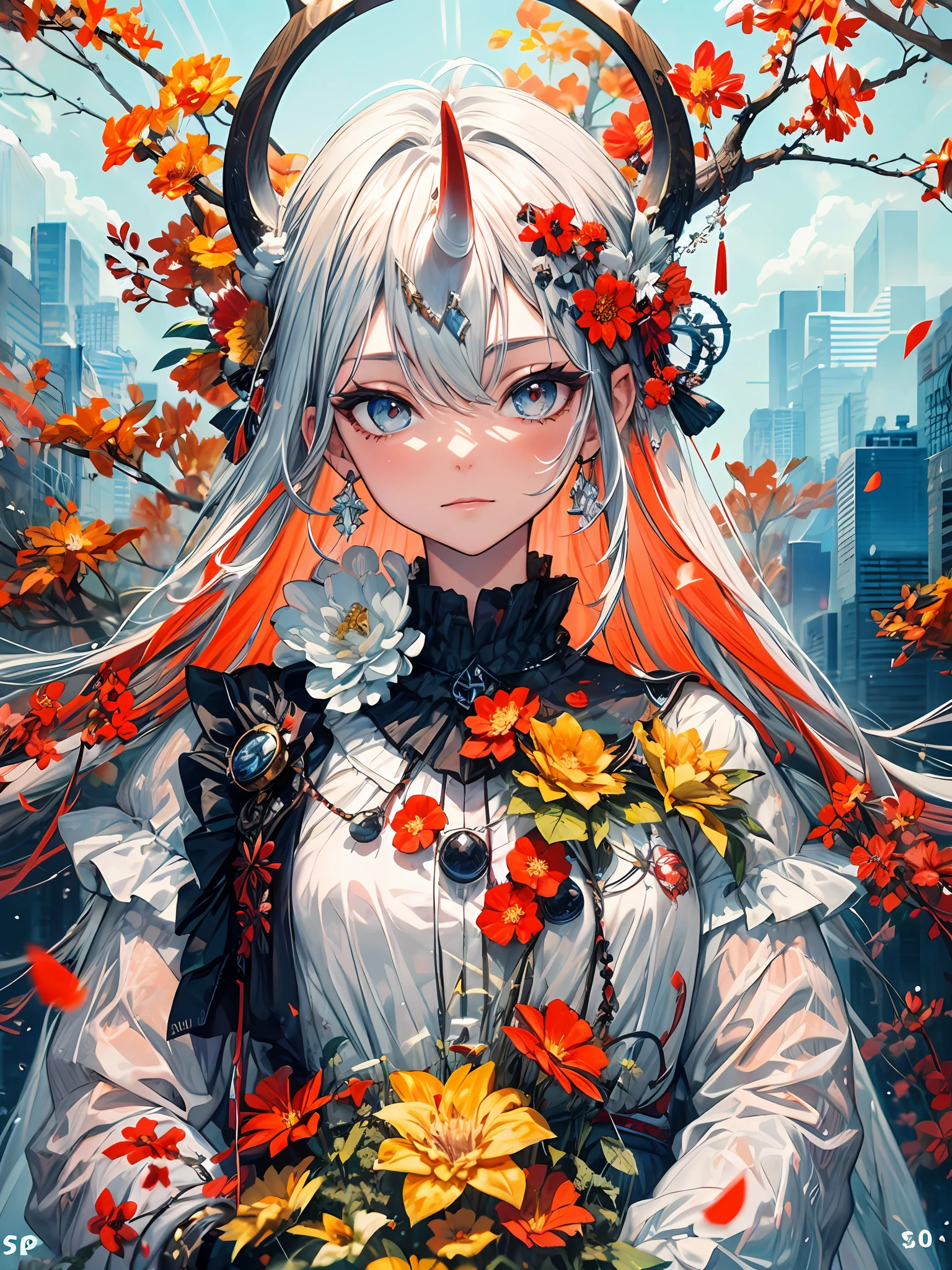 Orange flame, sparkling petals, Sequins sparkle, Orange hair, Eyes, and skin, A single long horn protruding from the forehead, A sense of vitality, Intricate details, Top quality, Best quality, More_Details:-1, More_Details:0, More_Details:0.5, More_Details:1, More_Details:1.5, jppop art style, Japanese style