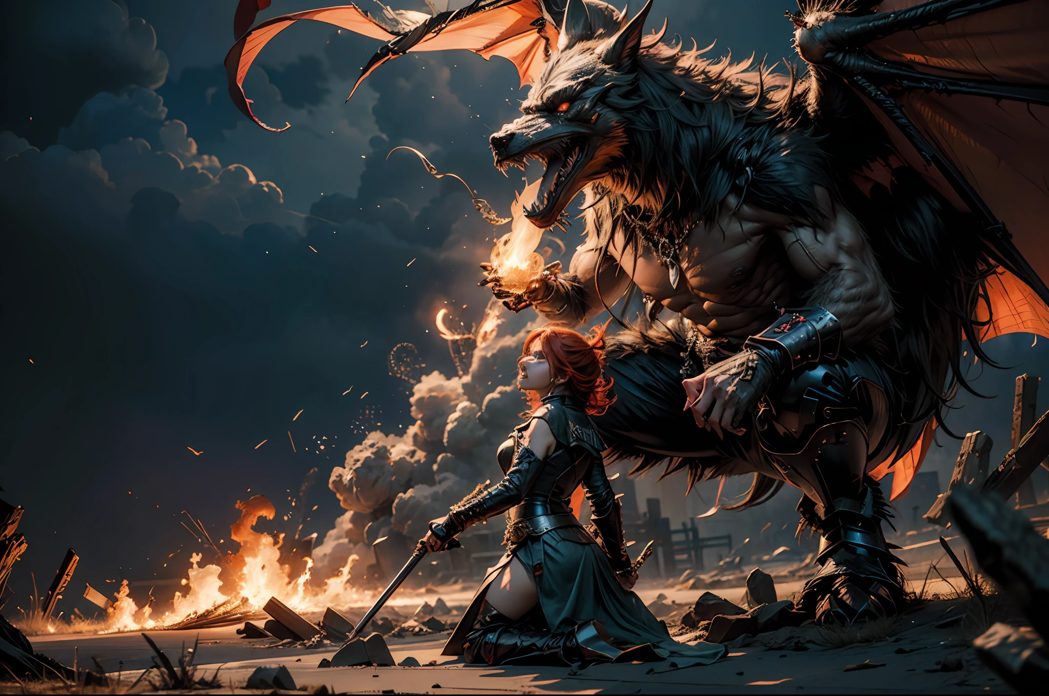 fantasy，Super monster fighting，breathingfire，Discharge of，The ground shook，best qualtiy，tmasterpiece，Works of masters，super-fine，16K resolution，Red，Detailed pubic hair，Accurate，