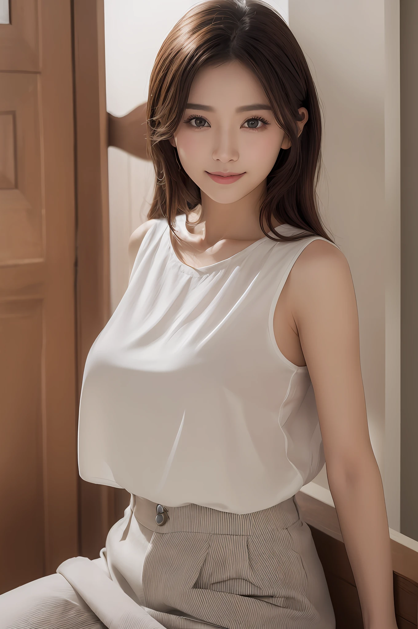 ((best qualtiy、8K masterpiece:1.3))、foco nítido:1.2、(ultra beautiful faces:1.0)、(shiny skins:1.0)、Photos realistic、brunette color hair、Video lighting、High-definition eyes and face、Video lighting、(cow boy shot:1.3)、(Korean cute actress)、From the front side、Medium large breasts、ssmile、Sleeveless、In a white blouse shirt、No underwear、ssmile