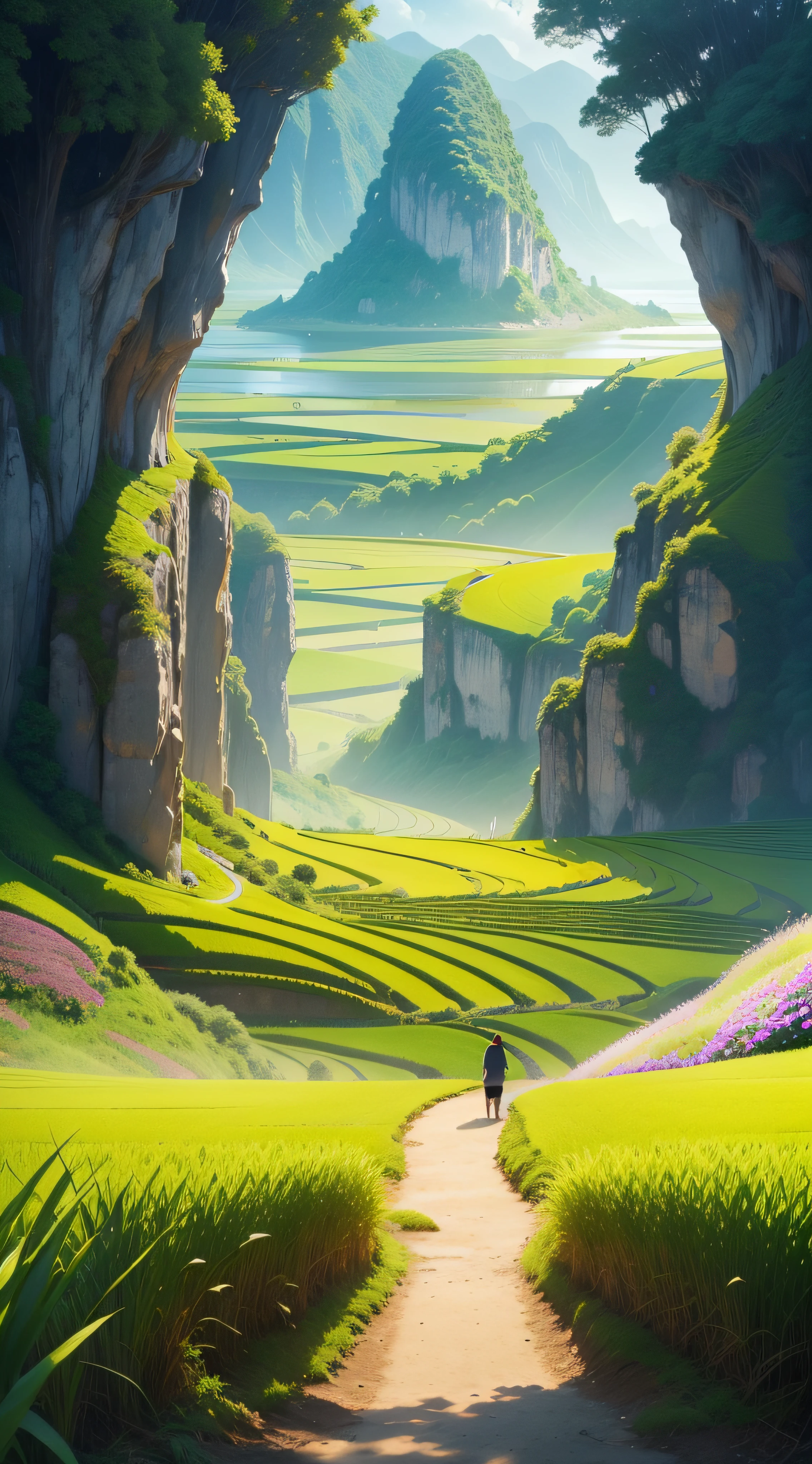 Showcase the fusion of rice fields and coastline by capturing a low-angle shot, illustrating the intriguing connection between people and nature.
Pay attention to realistically reproducing the vibrant colors of plants and flowers in the fields.