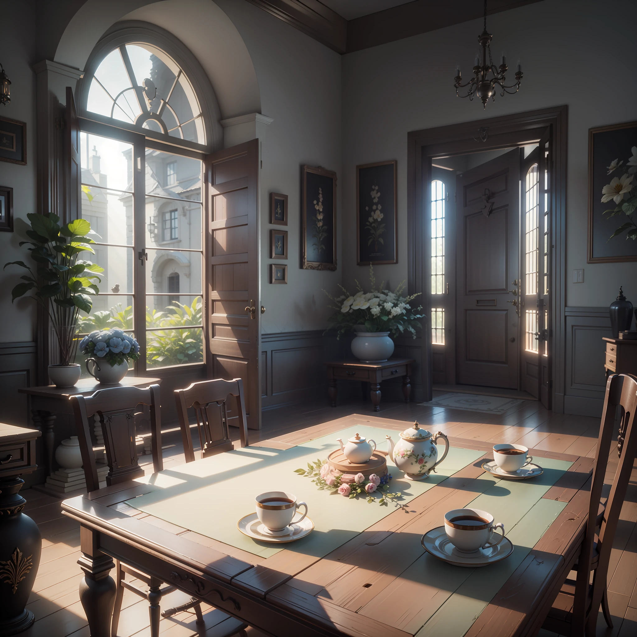 tile-roofed house，Doors, doors, windows and doors，A large window with table and chairs and a large window，Flowers on the table and breakfast for the family，Photorealistic rendering of Unreal Engine， Rendering of Vray 8k， Rendering of Unreal Engine5， Rendering of Unreal Engine5， dramatic rendering， realistic fantasy rendering， Cinematic rendering in Unreal Engine， render in unreal engine 5，HDR rendering in Unreal Engine 5，Render in octane，rendered in unreal 5