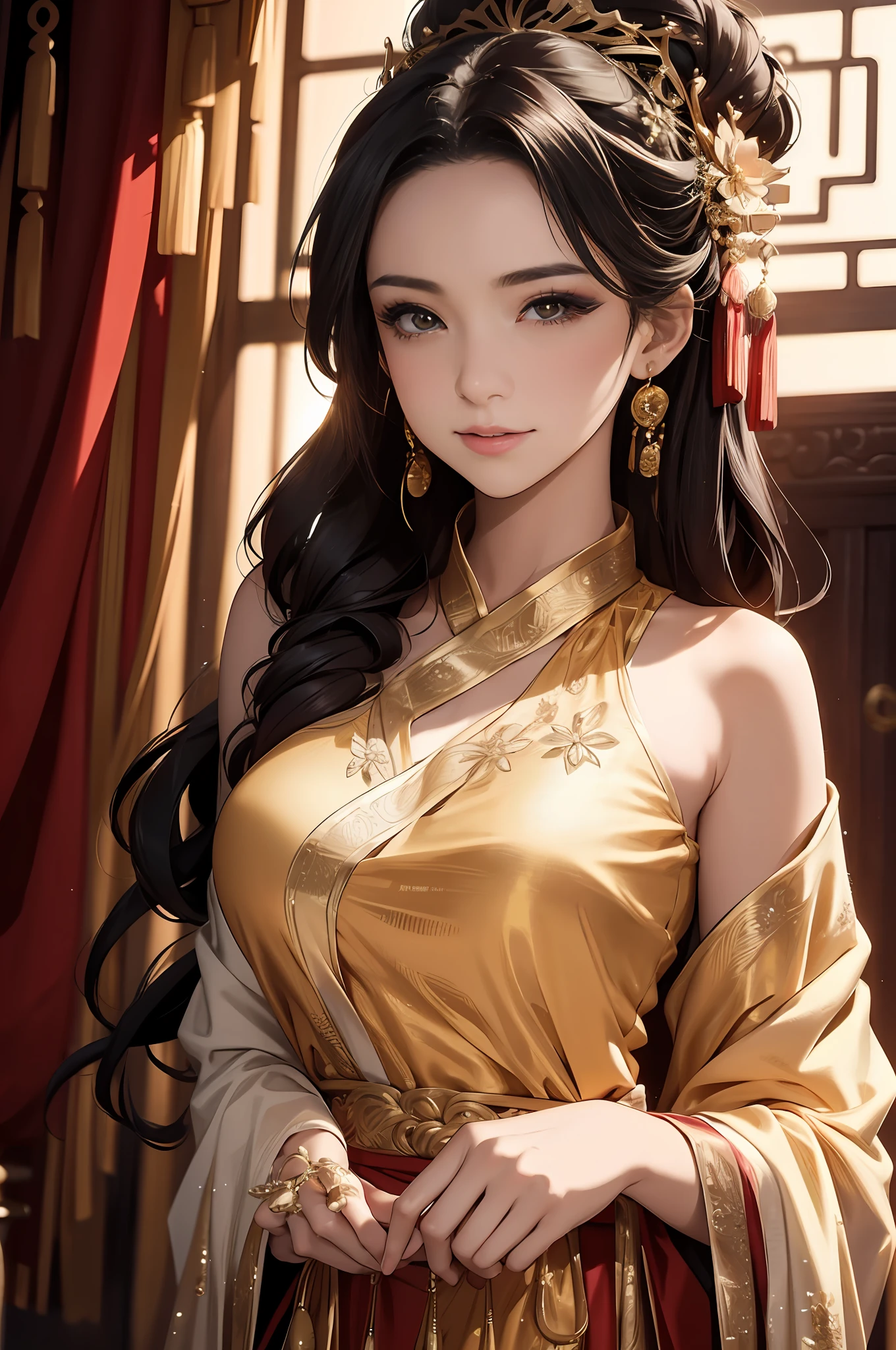 ((Best Quality)), ((Ultra High Resolution)), ((Realistic)), Fine details, Age 19 on Appearance, Black hair, Perfect face shape, Moderate Makeup:1.5, Face lighting, Accentuating Details, Long hair, Wearing Chinese Wedding Dress, Gold Headgear Decoration, Holding a fan, Red Wedding Dress Extra Points: 1.3, Gold Dress Details. portrait of a full body, windows, a bed, drapes, Candlelight, present a picture of a long-range pose.