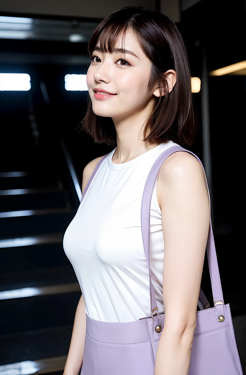 ((8K:1.27)、top-quality、​masterpiece、超A high resolution:1.2)Photo beautiful Chinese woman(pleasing:1.1) (The shirt:1.21) Elegance、There is a good、Gradient lighting、1girl in、Delicate skin、Look here、Brown-eyed、(short hair with bangs:1.2)、(breasts are large:1.0)、(medium areola:0.8)、(realisitic:1.4)、(top-quality:1.0)、(超A high resolution:1.0)、8K、Raw photography、(​masterpiece:0.2)、(pureerosface_v1:0.5)、 Light purple clothes、pleatedskirt、Sleeveless、Kamimei、excited expressions、Red cheeks、want me、Staring at this、erect through、subject、Lean、Look here、train station stairs、Laugh、Black leather tote bag、Futomo、full body Esbian、sandal、Beautiful thighs、Kinda chubby、Beautiful thighs、big butts、Turn your buttocks、The upper body is facing this way、posterior view、full bodyesbian、