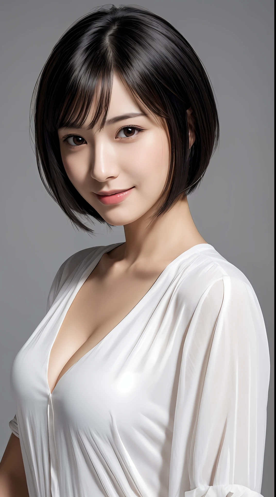 (masterpiece:1.3), (8k, photorealistic, RAW photo, best quality: 1.4), japanese, (1girl), beautiful face, (realistic face), (black hair, short hair:1.3), beautiful hairstyle, realistic eyes, beautiful detailed eyes, (realistic skin), beautiful skin, attractive, ultra high res, ultra realistic, highly detailed, golden ratio,  (detaled face:1.2),looking at viewer,smile,open white shirt,medium breasts,standing,hand on hip