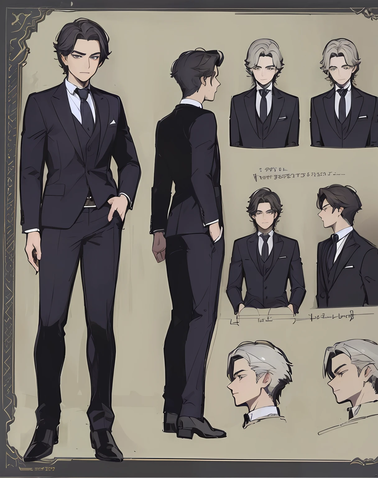 ((Masterpiece))), (((Best Quality))), ((Ultra-detailed)), (very detailed illustration), cinematiclight,, 1 guy ((Character Sheet)), (Concept art), ((full - body)), (Masterpiece: 1.2), (Best Quality: 1.3), 1 guy standing Guy in a formal suit . Dark hair, blue eyes