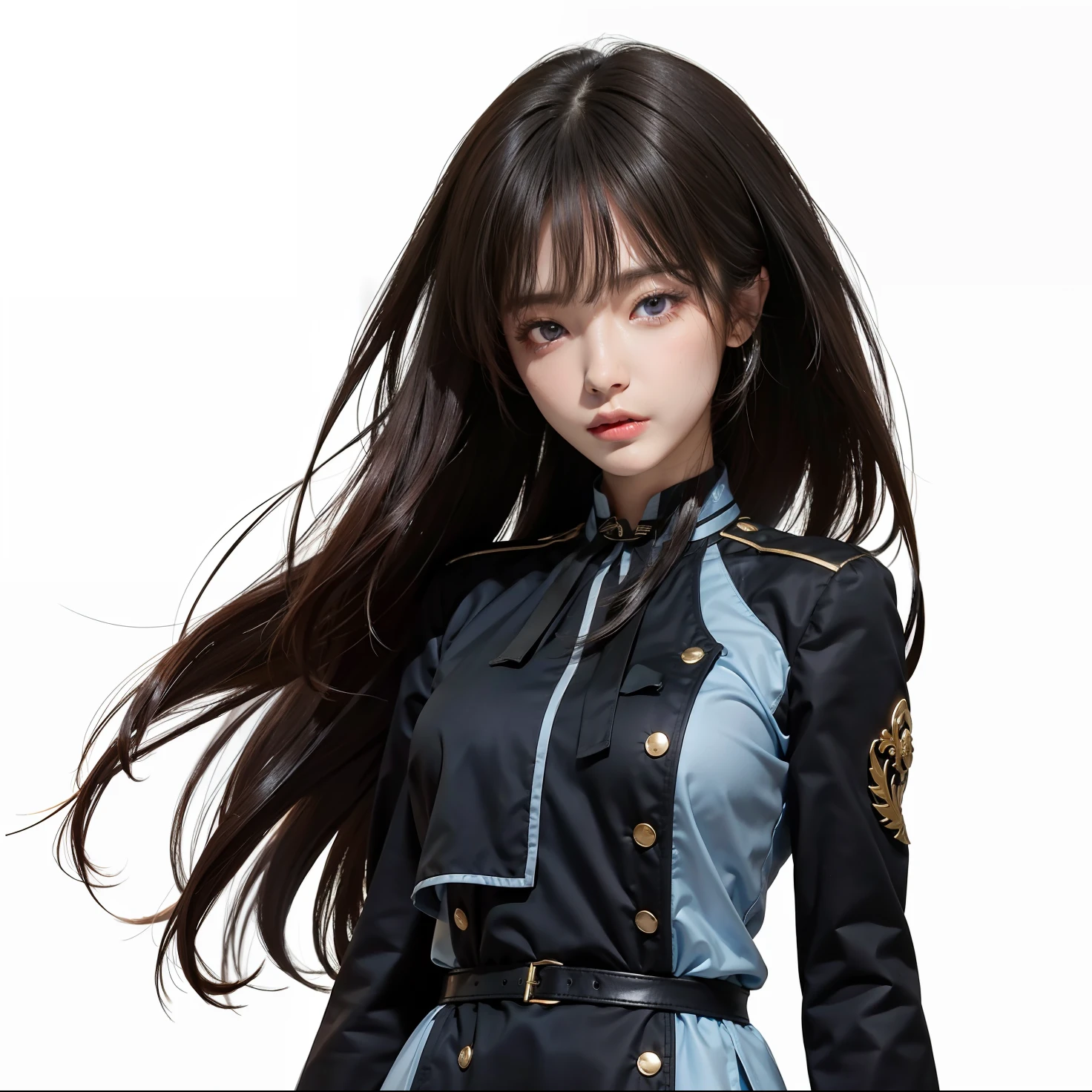 Masterpiece, 1 beautiful girl, detailed eyes, swollen eyes, top quality, super high res, (Reality: 1.4), cinematic lighting, Japanese, Asian beauty, Korean, very beautiful, beautiful skin, slender, body facing forward, (super realistic), (high res), (8K), (very detailed), ( Best Illustration), (beautifully detailed eyes), (super detailed), (wallpaper), detailed face, bright lighting, professional lighting, looking at viewer, facing straight ahead, neat clothes, short hair, black hair, pureerosfaceace_v1, 46 point slanted bangs, hotel room with morning sun in the background, window The background is a hotel room with the morning sun shining through the window, a clear ocean outside, and an angle from the waist up, purple eyes