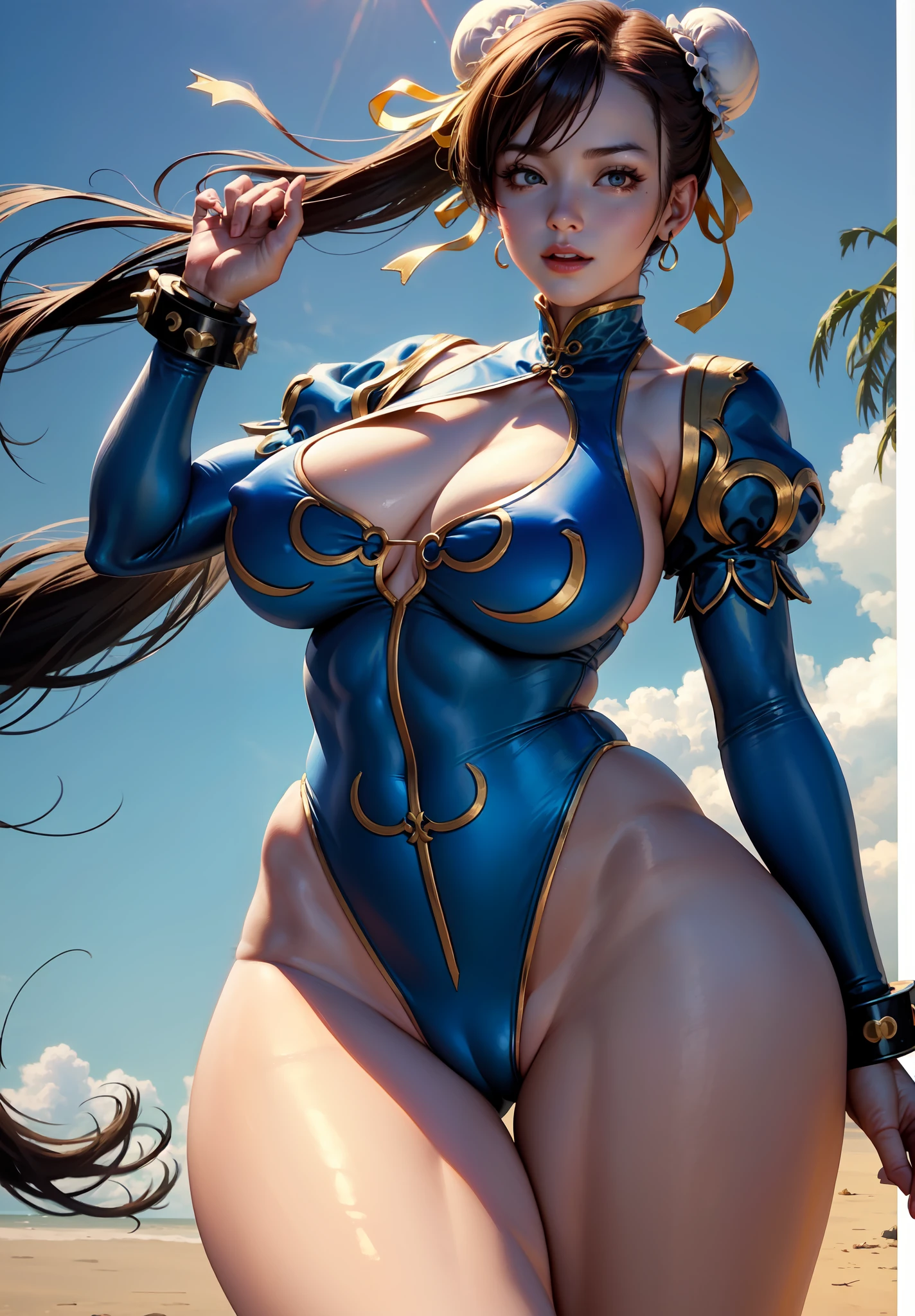 (masterpiece), (best quality), 8k resolution, ultra-detailed, hyper-detailed, realistic, photograph, photorealism, (1girl), Chun Li, Chun Li costume, perfect body, smile, posing for photo, huge breasts, muscles, thick thighs, thick legs, wide hips, slim waist, hourglass figure, (full body)(topless:1.3) (view from side)