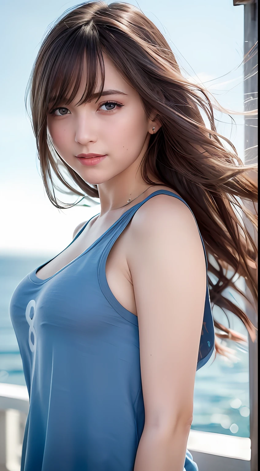 (8k, Best Quality, Masterpiece:1.2), (Realistic, Photorealistic:1.37), Ultra Detail, 1 Girl,Cute,Solo,Beautiful Detailed Sky,Date,(Blush),(Smile:1.15),(Closed Mouth)Small Breasts,Beautiful Detailed Eyes,(Long Hair: 1.2),Floating Hair NovaFrogStyle, Upper Body, Tank Top