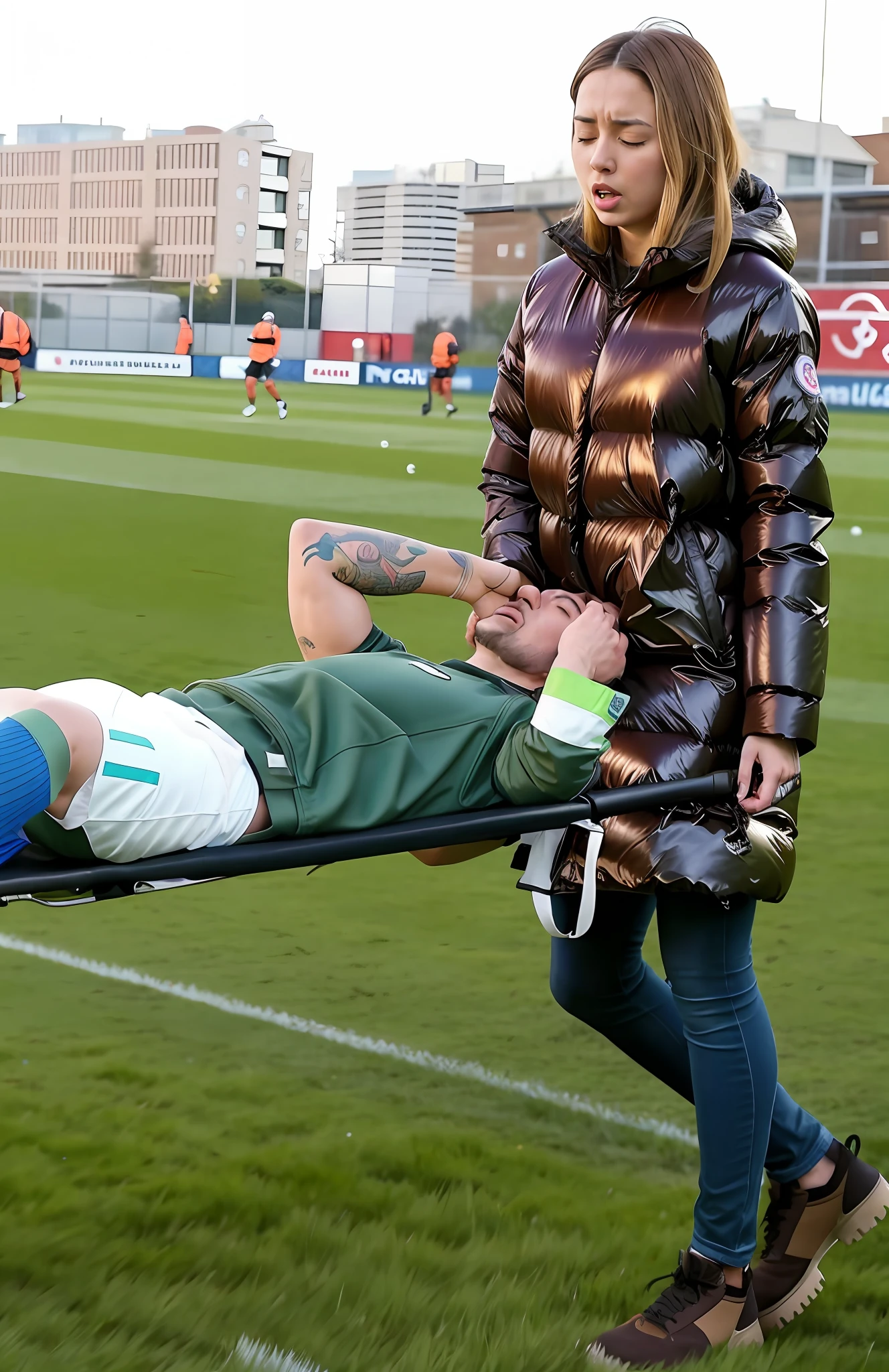 an excessively madeup teenage girl in a laquered coat, a passionately shouting teenage-girl in a laquered coat, there is a sportsman in white shorts and a white t-shirt lying injured on a stretcher, there is an injured sportsman who is covering his face on a stretcher, an injured sportsman is covering his face with his hands, an injured sportsman is writhing in ecstasy on a stretcher, dramatic pity pose, there is a latino woman in a high-shine puffy coat, a high-shine black down coat, a long black moncler coat, a wetlook down coat, a wet black laquered coat, a latino wife is wearing a wetlook black uniform, injured, medic, very professional, soccer action pose, affection pose, lecherous action pose, dramatic action pose, theatralic pose, there is an attractive woman that is carrying a skinny man, there is a beautiful woman in a shiny coat who is carrying a blond man on a wetlook orange stretcher, a longhaired beautiful woman in a high-shine black puffy coat, a longhaired woman in a shiny downcoat, a woman is carrying a shorthaired man who is wearing shorts and a t-shirt, a weak man in spots shorts is consciousless and needs to be carried, a shorthaired man with closed eyes is carried on a stretcher by a longhaired woman, a woman looks very scared and terrified, a consciousless man with closed eyes is suffering very much and has a very painful face, photo, photo shoot, photographed , accident, help, aid, first aid, pity