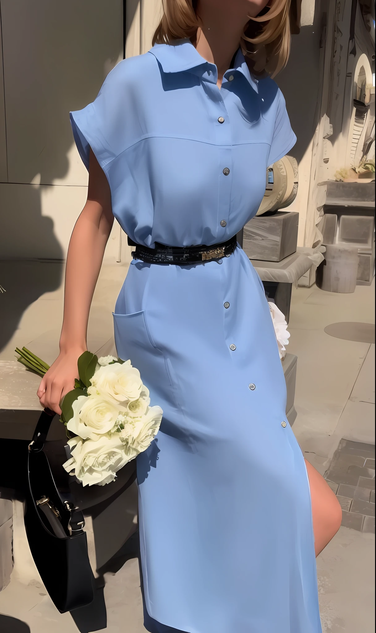 Arafed Woman in a blue dress holding a bouquet of flowers, usando um vestido azul, sky - blue dress, um vestido azul, em vestido azul, vestido de azul, vestido elegante, usando vestido azul, vestido azul, vestido simples, vestido azul gelado;, detalhes suaves azuis, pale blue outfit, roupas azuis, 🤠 usando um 🖥, roupas bonitas
