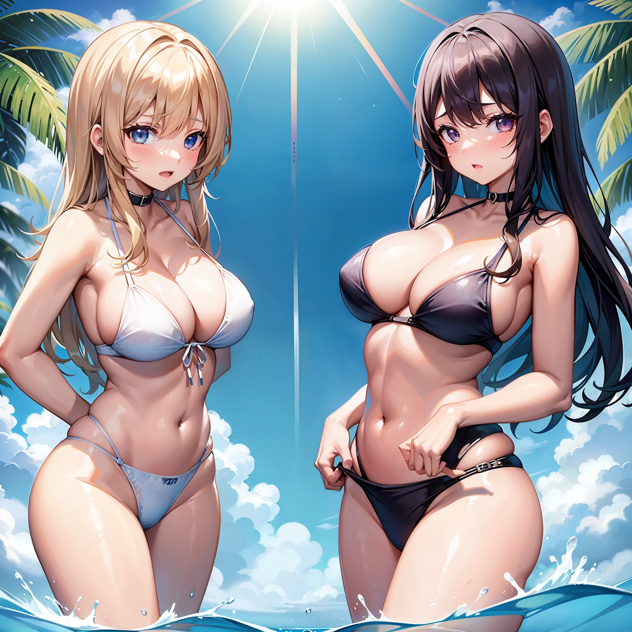 2girls，Childlike big breasts，（nedium breasts:heads=3:1）Bikini swimsuit，Swim in the pool，bit girl，Lori huge breasts cleavage，A coquettish expression，Extremely large breasts，Small loli，Six-headed loli