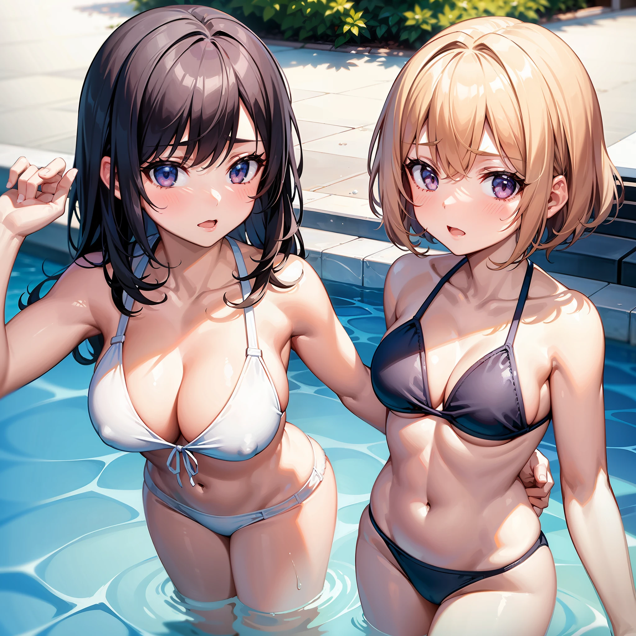 2girls，Childlike big breasts，（nedium breasts:heads=3:1）Bikini swimsuit，Swim in the pool，bit girl，Lori huge breasts cleavage，A coquettish expression，Extremely large breasts，Small loli，Six-headed loli