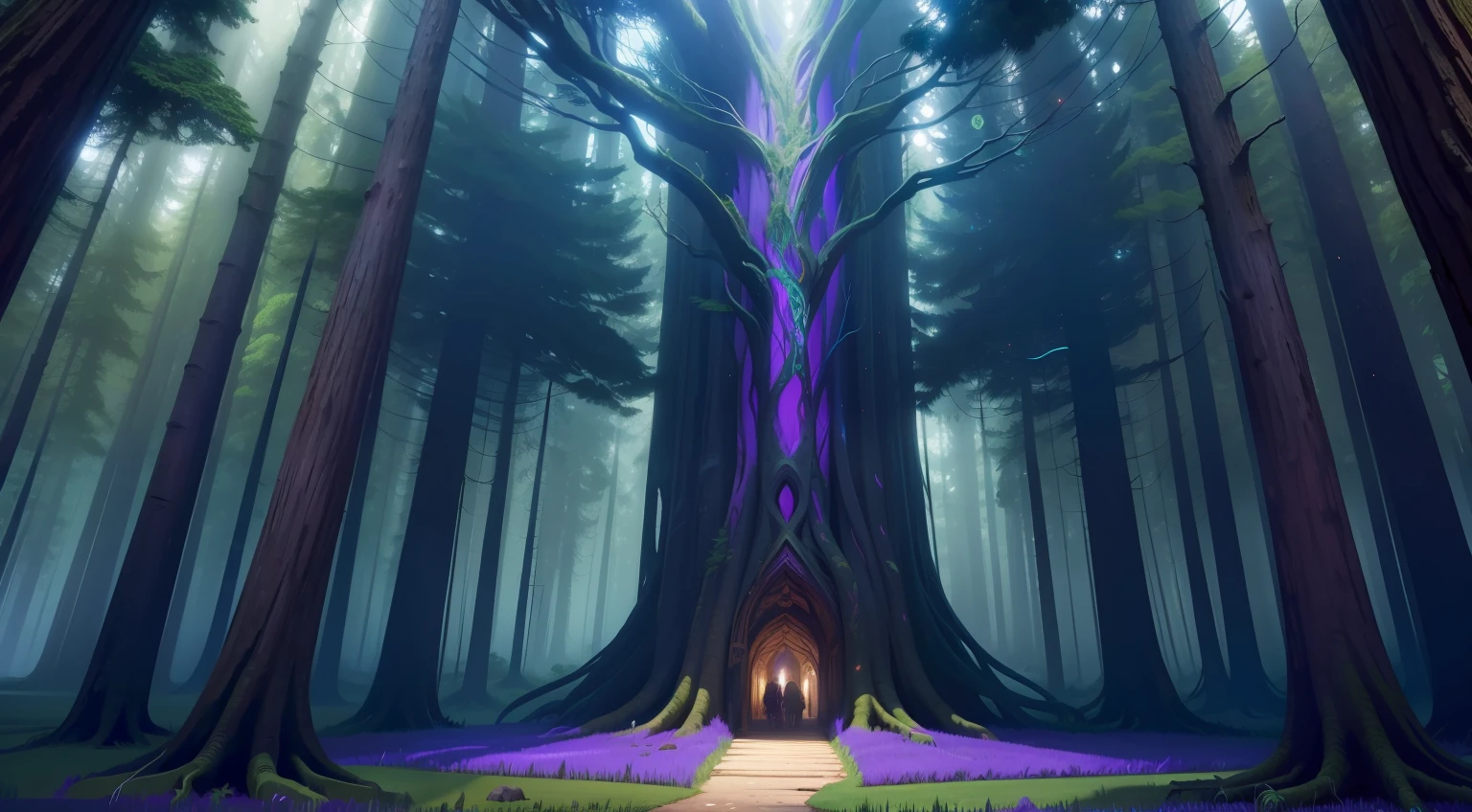 The forest is a mesmerizing array of vibrant colors and shapes. Gigantic, ancient trees with expressive faces stand tall, their branches forming archways and passages into the heart of the woods. Their leaves come in a variety of shimmering colors, from radiant greens to hues of purple, blue, and gold, indicating the presence of enchantment.