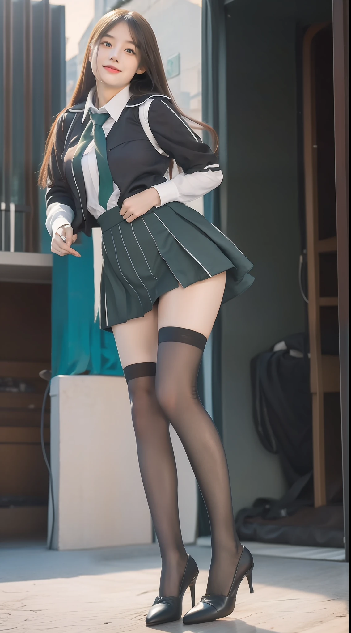 girlfriend，Green-white-blue color scheme，Student uniform，JK school uniform，Female pervert，Uniform heels，Lift up your skirt，long leges，（Full Focus）,(Full body shot ：2)，Must have stockings，Stockings at least knee-length，Puzzles are prohibited, Detailed and complex background, glittery, reflective light, hyper HD, Award-Awarded, A high resolution, High detail, Chiaroscuro, Cinematic lighting, Masterpiece, Ray traching，structurally correct, Super detail, High quality, High details, Best quality, 16k,anatomy correct
