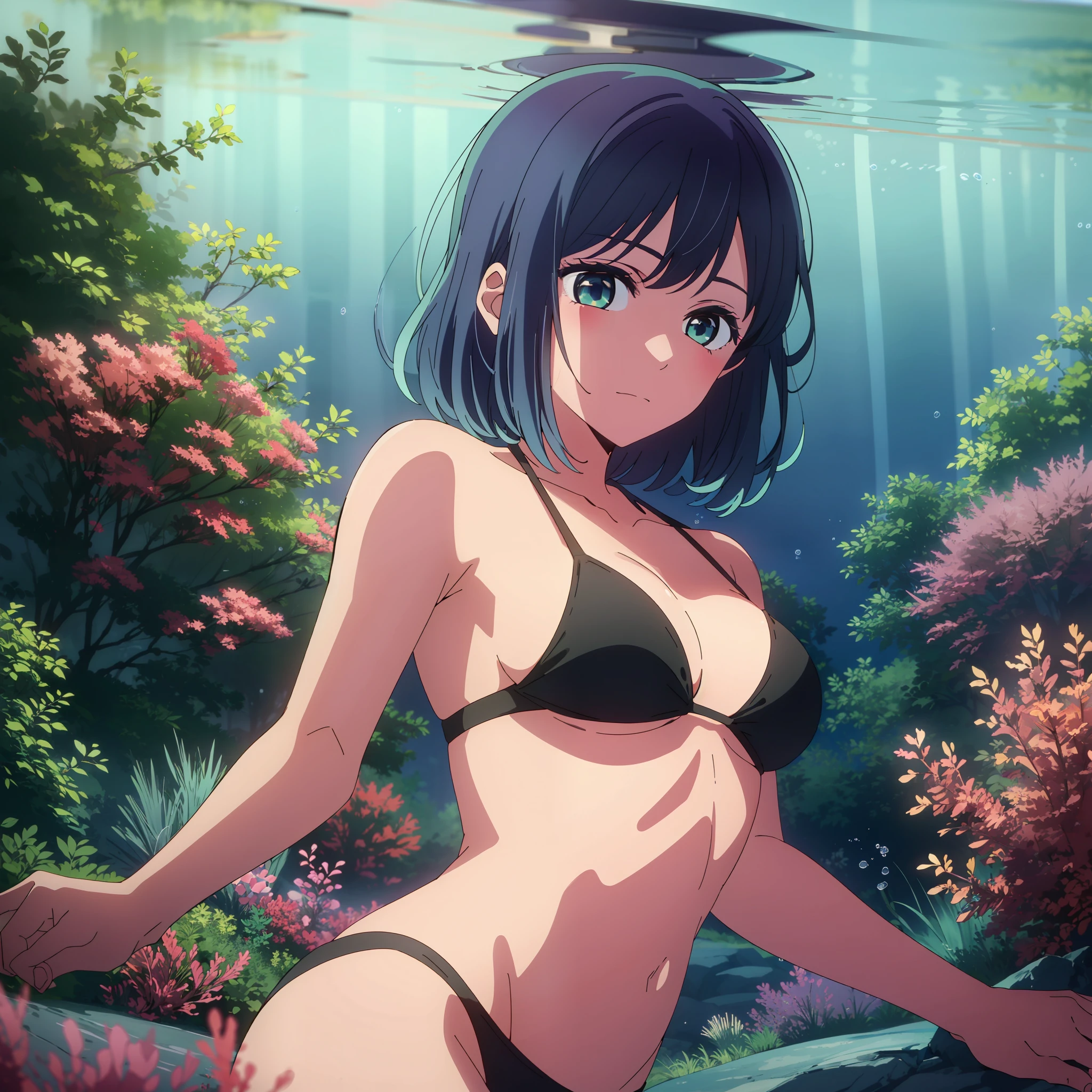 masterpiece, high quality, 8k, beautiful lighting, 1girl, solo, akane, black bikini, bush, looking at viewer, medium breasts, short hair, underwater, underwater view