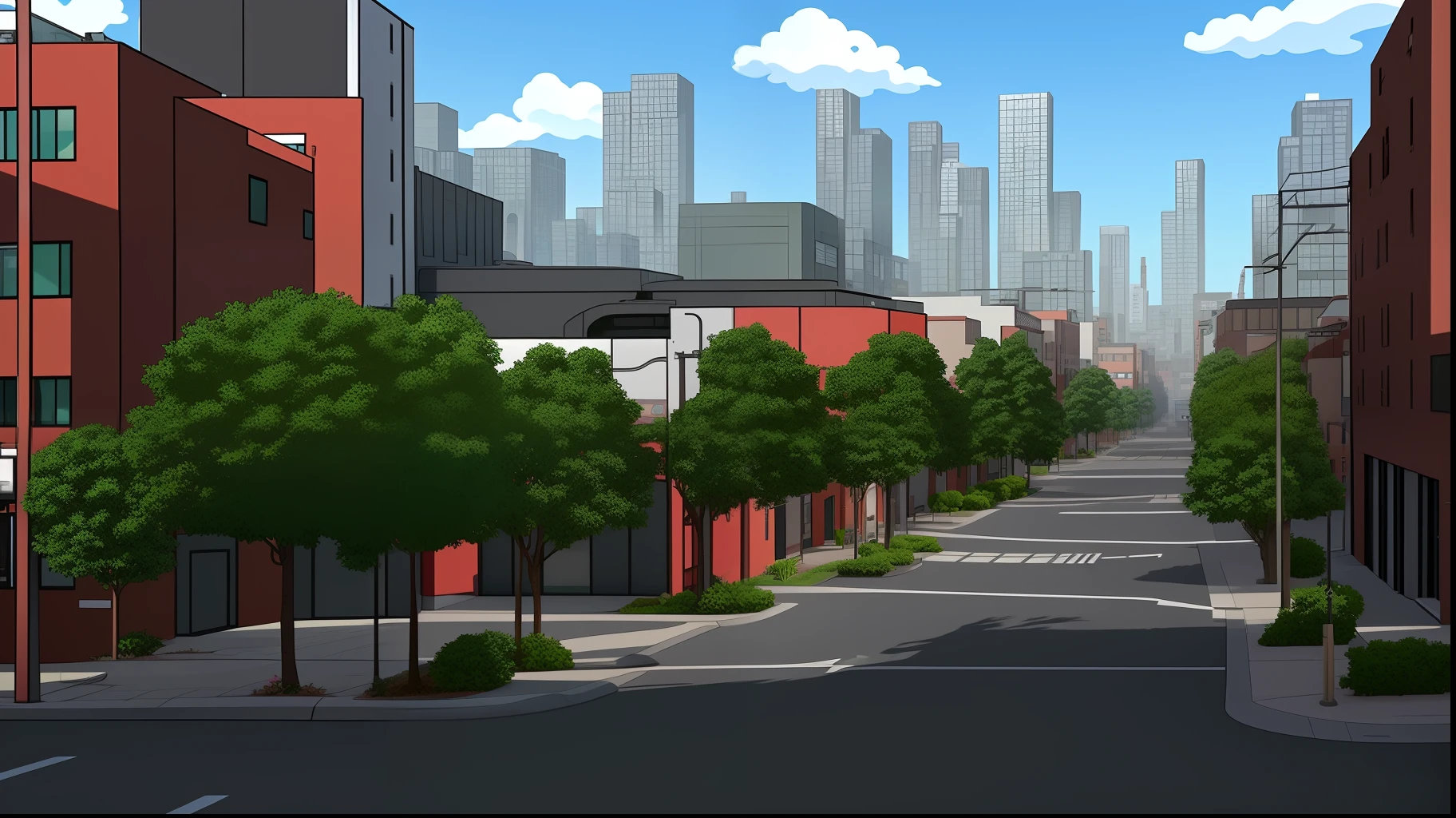 the city street，There are buses and buildings on it, [[empty warehouse]] Background, anime style cityscape, town center background, random background scene, city street view background, Factory background,, corporate animation style, Street background, wide establishing shot, animation style render, Office building, realistic establishing shot