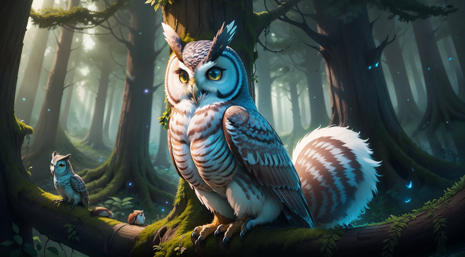 Magical creatures are scattered throughout the image, adding to the sense of wonder and fantasy. Friendly squirrels with sparkling eyes peek out from tree hollows, while fireflies flit around, leaving trails of soft, glowing light. A majestic owl, perched on a moss-covered branch, watches over the forest with wise and knowing eyes.