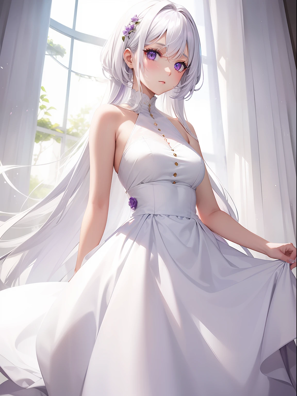 a women, white hair, purple eyes, white dress
