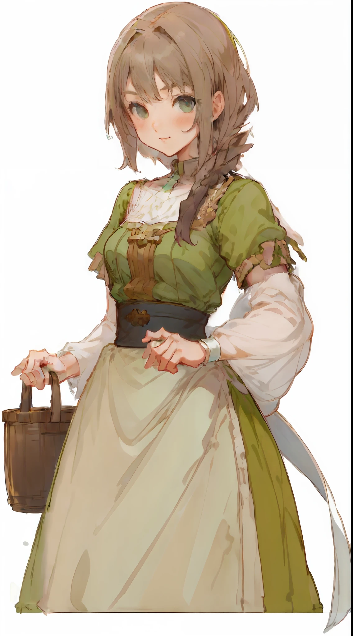(best qualtiy, tmasterpiece:1.3), 1girl, having fun, ssmile, Be red in the face, Low collar，pose, suns, looking at viewert,A cartoon image of a woman in a green dress holding a basket, Kushatt Krenz Key Art Women, jrpg character art, official character art, detailed character art, Character artwork, Boris Vallejo. Octopath Traveler, final fantasy tactics character, full body character portrait, beautiful teenage girl, full body character portrait, jrpg character, Abigail from Stardew Valley