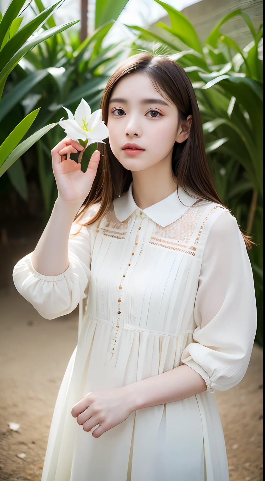 女の子1人, (Full body), Unknown , detailed  clothes, (delicate illustration:1.4),(masutepiece:1.0), (Best Quality:1.4), (超A high resolution:1.2), (Photorealistic:1.4), (8K, Raw photo:1.2), (Soft Focus:1.4), (18year old:1.3), (Sharp Focus:1.4), (Renaissance art:1.4), Detailed beautiful face, (Blouse with white collar), Holding an amaryllis flower with both hands