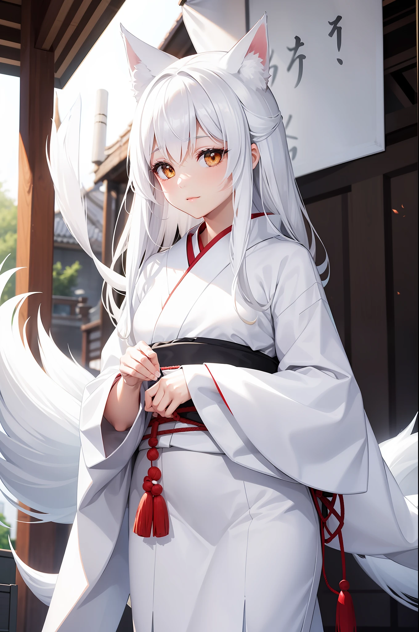 The girl wears a white Japanese kimono，Wears a white fox mask，Place your hands on your lower abdomen，Behind him is a white nine-tailed fox，high detal