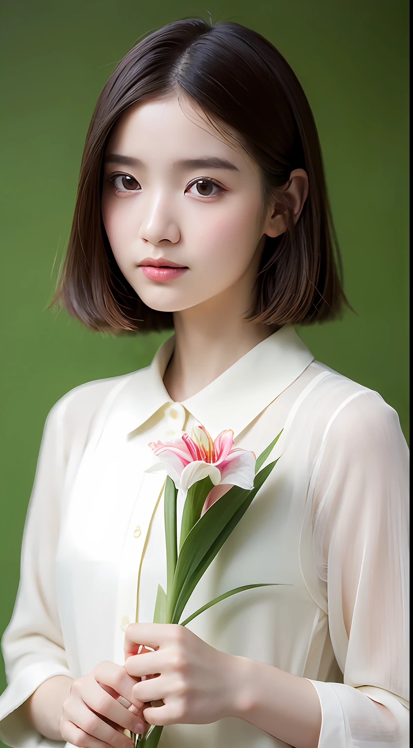 1人, (Full body), Unknown , detailed clothes, (delicate illustration:1.4),(masutepiece:1.0), (Best Quality:1.4), (超A high resolution:1.2), (Photorealistic:1.4), (8K, Raw photo:1.2), (Soft Focus:1.4), (18year old:1.3), (Sharp Focus:1.4), (Renaissance art:1.4), Detailed beautiful face, (Blouse with white collar), Holding an amaryllis flower with both hands