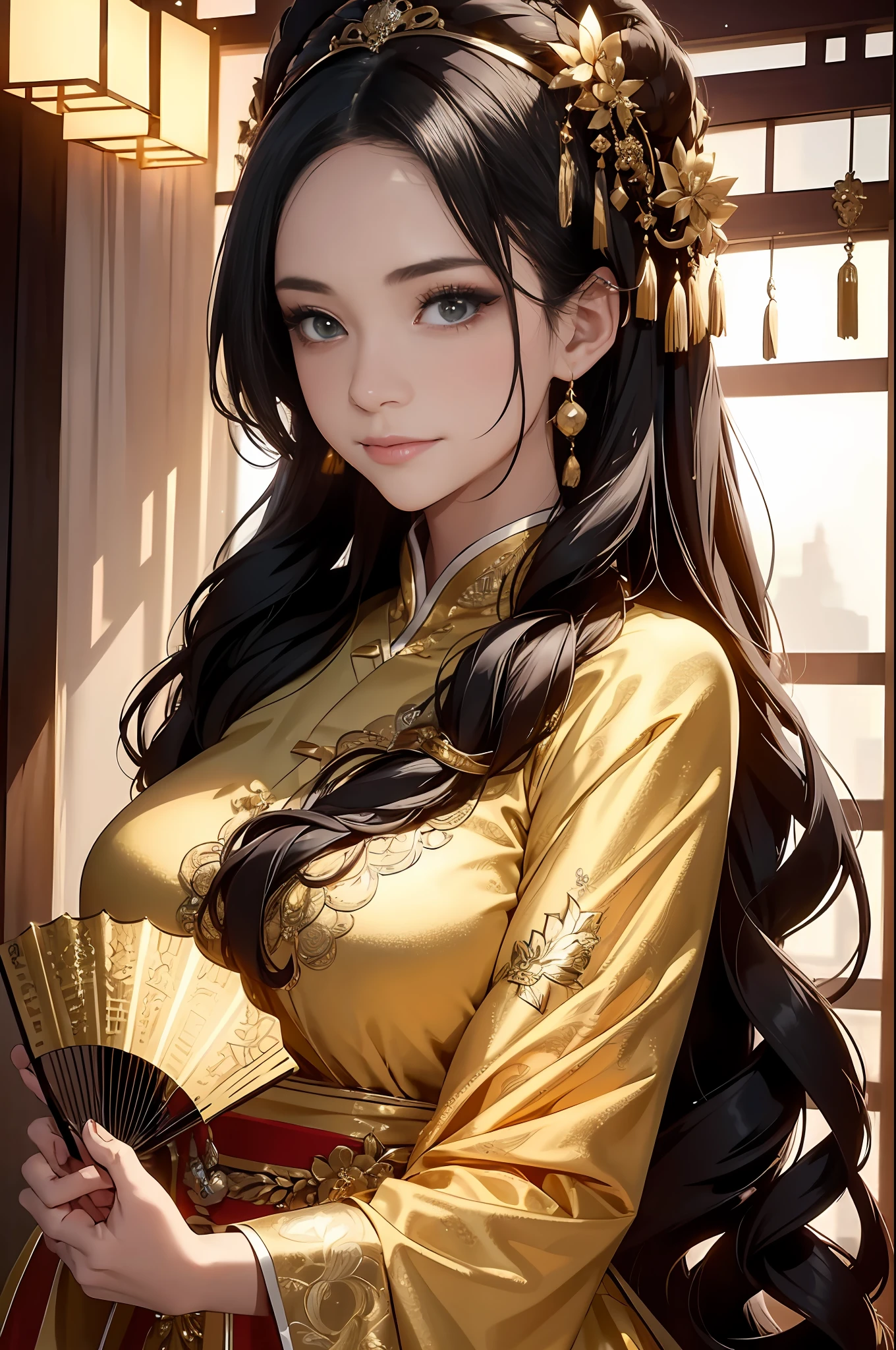 ((Best Quality)), ((Ultra High Resolution)), ((Realistic)), Fine details, Age 19 on Appearance, Black hair, Perfect face shape, Moderate Makeup:1.5, Face lighting, Accentuating Details, Long hair, Wearing Chinese Wedding Dress, Gold Headgear Decoration, Holding a fan, Red Wedding Dress Extra Points: 1.3, Gold Dress Details. portrait of a full body, windows, a bed, drapes, Candlelight, present a picture of a long-range pose.