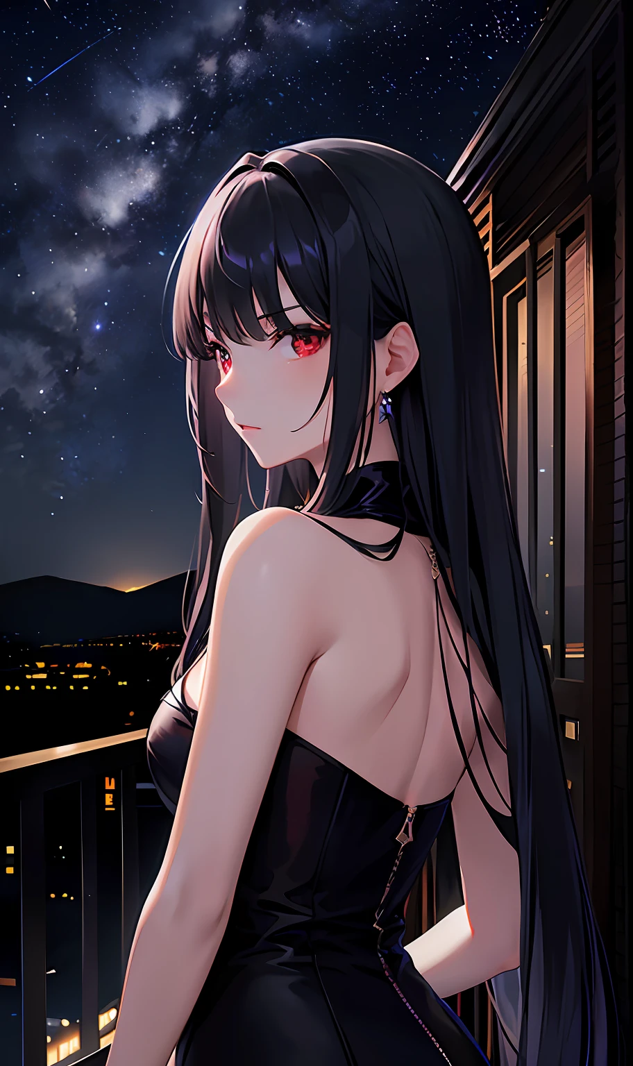 Delphinium、A dark-haired、natta、starrysky、Red Eyes、arrogant face、a dark night、landscapes、