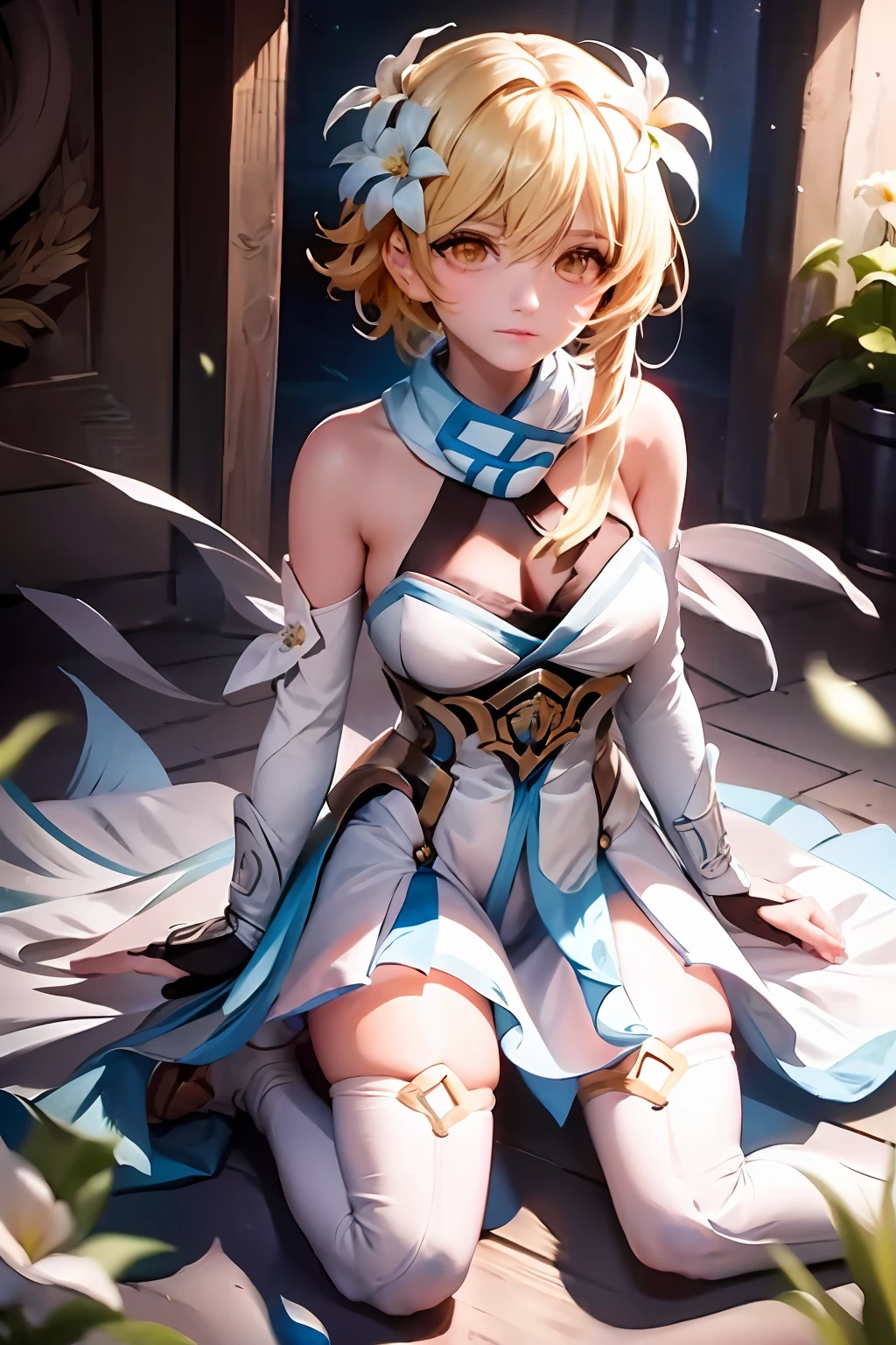 masterpiece, best quality,lumine (genshin impact), blonde hair, 1girl, dress, flower, white dress, sitting, solo, yellow eyes, breasts, thighhighs, bird, boots, bangs, bare shoulders, white flower, hair flower, short hair with long locks, hair ornament, water, detached sleeves, thigh boots, hair between eyes, cleavage, high heels, feathers, petals, medium breasts, gloves, white scarf, white footwear, white thighhighs, knee up, closed mouth, sleeveless dress, partially fingerless gloves, sleeveless, short hair, full body, scarf, thighs, sidelocks,kbxll