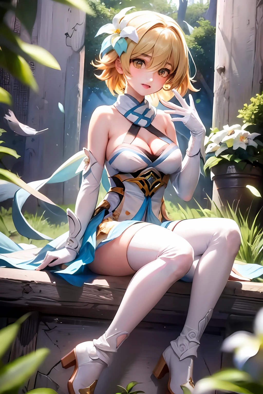 masterpiece, best quality,lumine (genshin impact), blonde hair, 1girl, dress, flower, white dress, sitting, solo, yellow eyes, breasts, thighhighs, bird, boots, bangs, bare shoulders, white flower, hair flower, short hair with long locks, hair ornament, water, detached sleeves, thigh boots, hair between eyes, cleavage, high heels, feathers, petals, medium breasts, gloves, white scarf, white footwear, white thighhighs, knee up, closed mouth, sleeveless dress, partially fingerless gloves, sleeveless, short hair, full body, scarf, thighs, sidelocks,kbxll