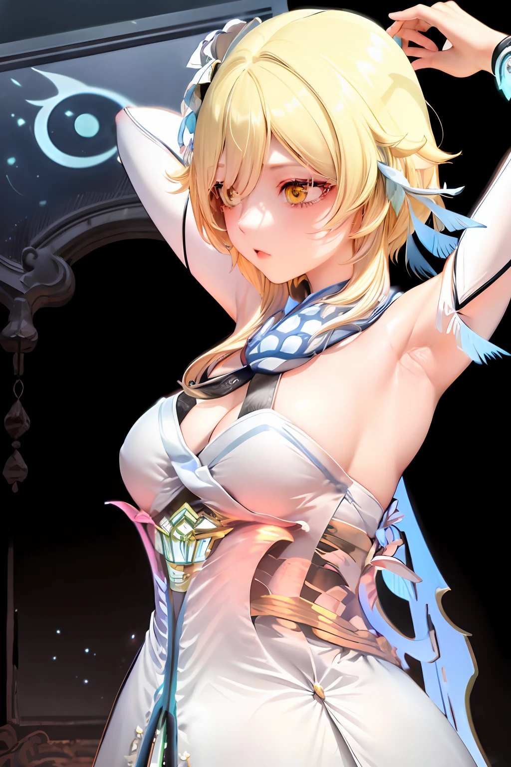 masterpiece, best quality,,1girl, lumine (genshin impact), solo, flower, breasts, blonde hair, hair flower, hair ornament, armpits, looking at viewer, dress, cleavage, yellow eyes, white dress, arms up, detached sleeves, bangs, upper body, medium breasts, white flower, ( grey background:1.4), bare shoulders, hair between eyes, gradient, blush, sidelocks, closed mouth, gloves, sleeveless dress, white scarf, short hair with long locks, sleeveless, stretching, white sleeves, short hair,(kbxll)