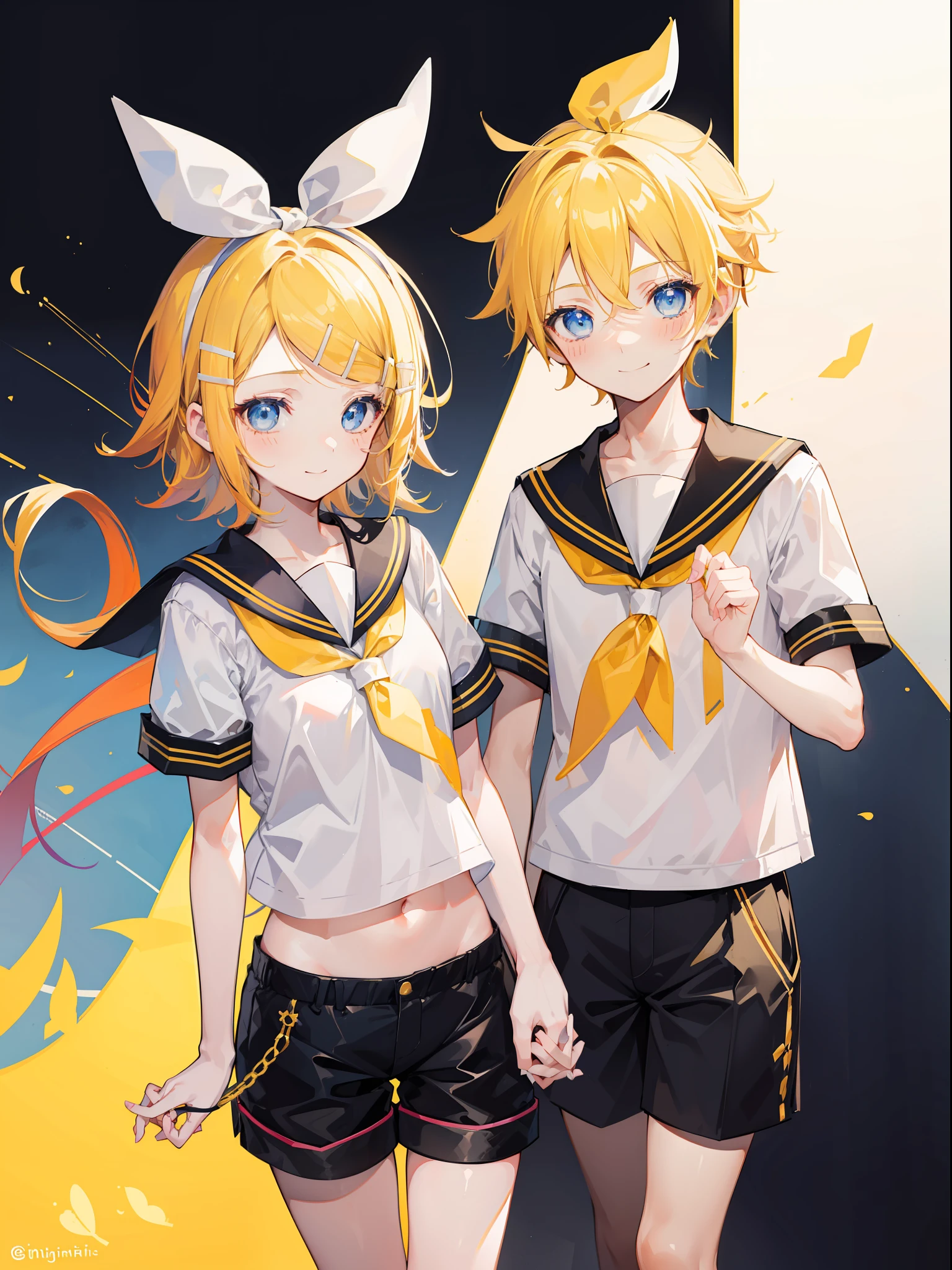 one boy and a girl, (Len_Kagamine), (Rin_Kagamine), (Kagamine_sibling), blue eyes, blond hair, blush, (sailor uniform), (black short pants), (hold hands), smile, couple, cowboy shot