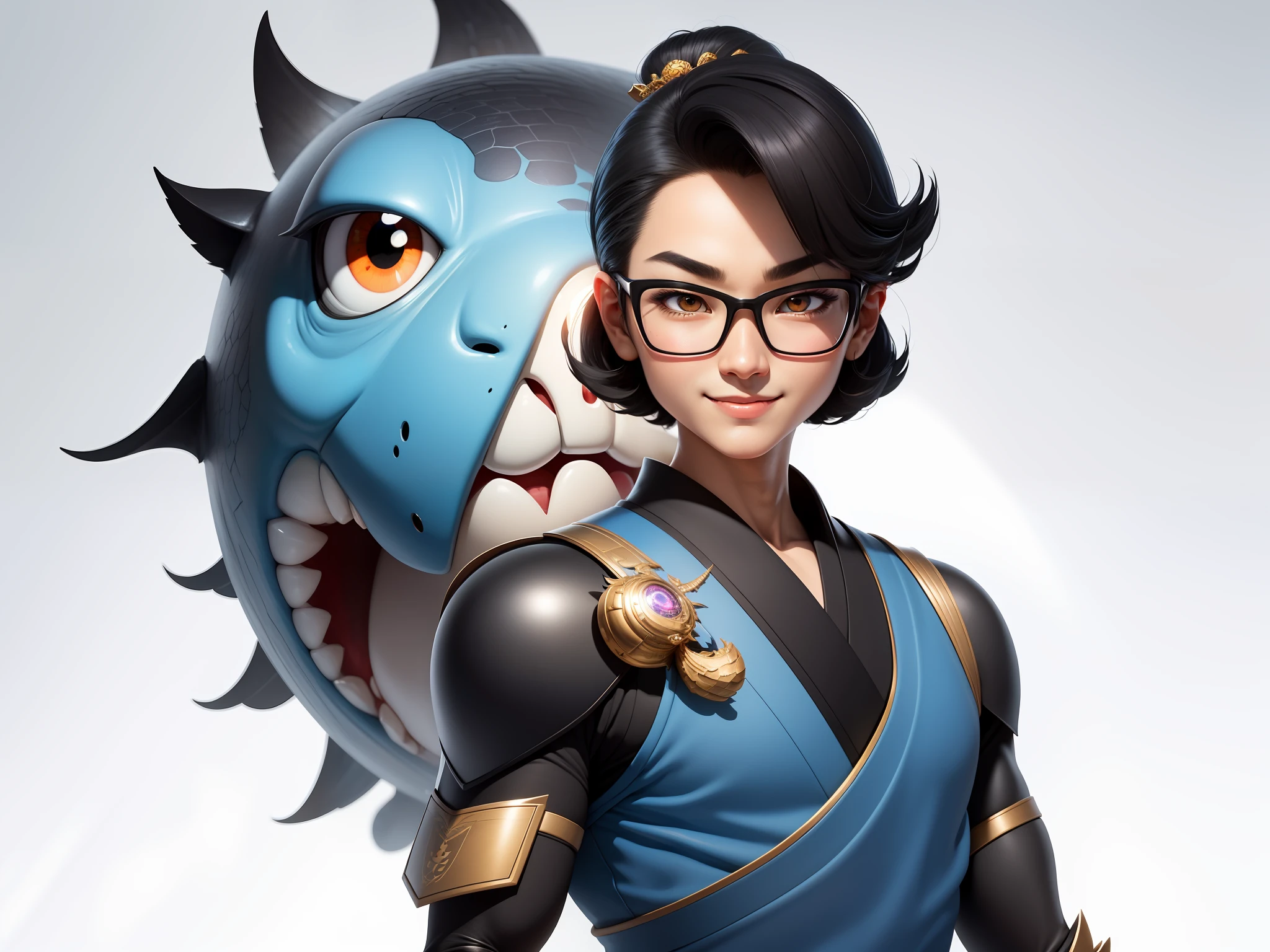 (Masterpiece), (Excellent), (Super Meticulous), (Full Body: 1.2), Super Young Man with Japanese Female Geisha, Pretty, Beautiful, Chinese Dragon, Tiger, Wind God Thor, Sexy, Bursting, Oriental Face, TV Anchor, Bust Portrait Illustration, Black Suit, Blue Tie, Slightly Chubby Face, Silver Glasses, Very Clean Face, No Beard on Chin, Black Super Short Hair, Black Eyes, Confident Smile, 3c Computer Sub-Products, iPad, iPhone, Digital Painting, 3D character design by Mark Clairedon and Pixar and Hayao Miyazaki and Akira Toriyama, the illustrations are HD illustrations in 4K resolution with highly detailed facial features and cartoon-style visuals.