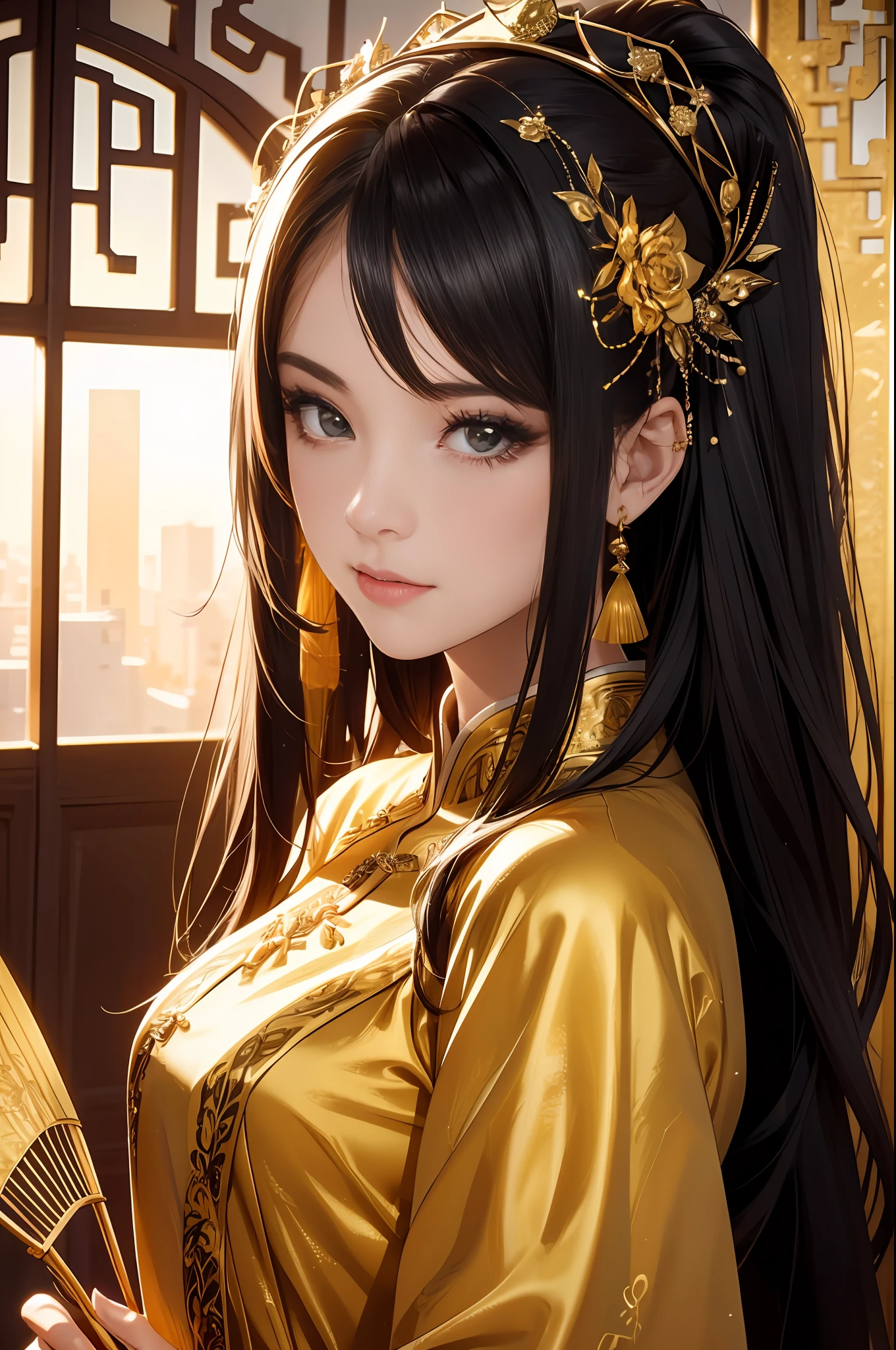 ((Best Quality)), ((Ultra High Resolution)), ((Realistic)), Fine details, Age 19 on Appearance, Black hair, Perfect face shape, Moderate Makeup:1.5, Face lighting, Accentuating Details, Long hair, Wearing Chinese Wedding Dress, Gold Headgear Decoration, Holding a fan, Red Wedding Dress Extra Points: 1.3, Gold Dress Details. portrait of a full body, windows, a bed, drapes, Candlelight, present a picture of a long-range pose.