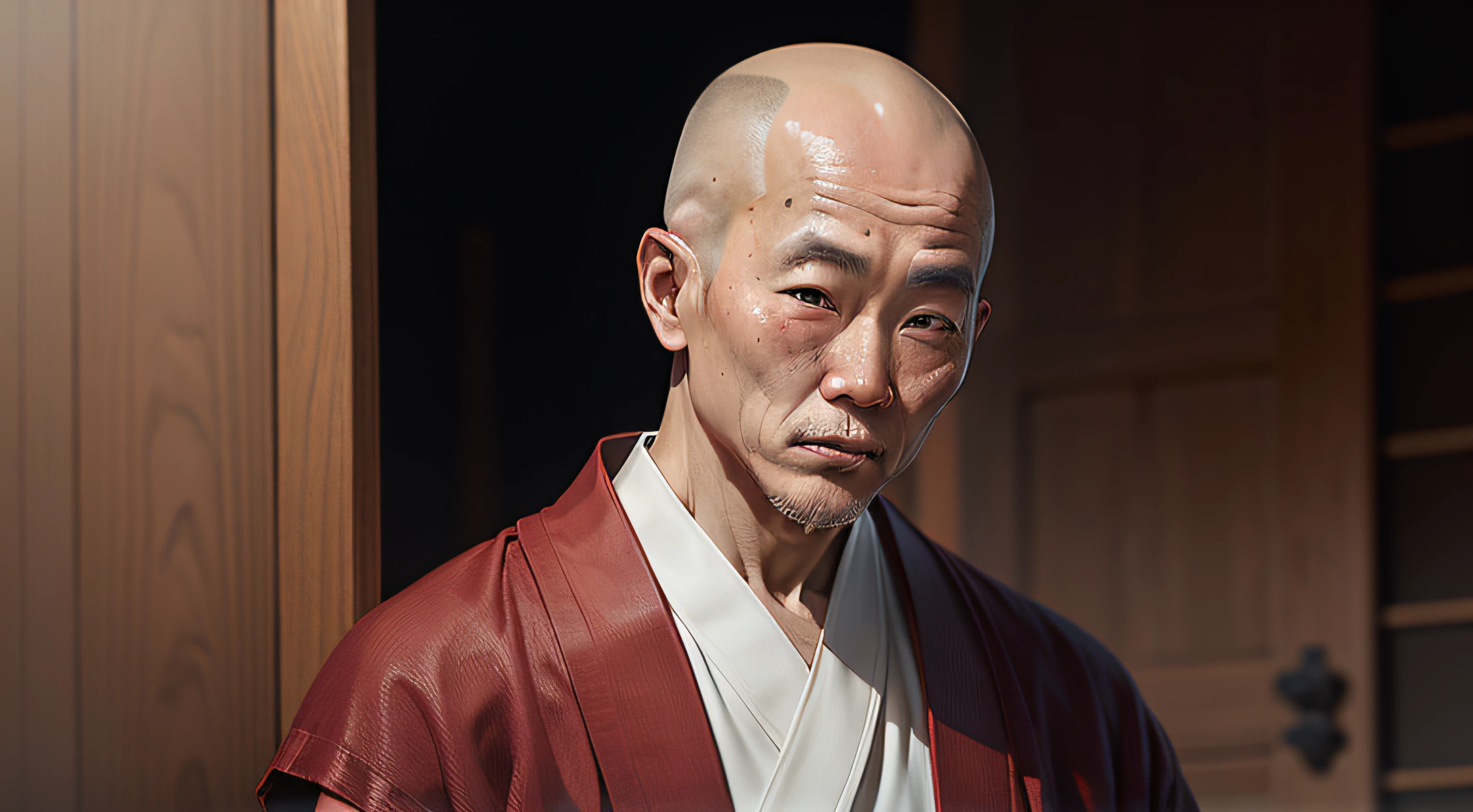 old head shaved Korean monk dressed in a traditional robe make image as cartoonist and in dark shade