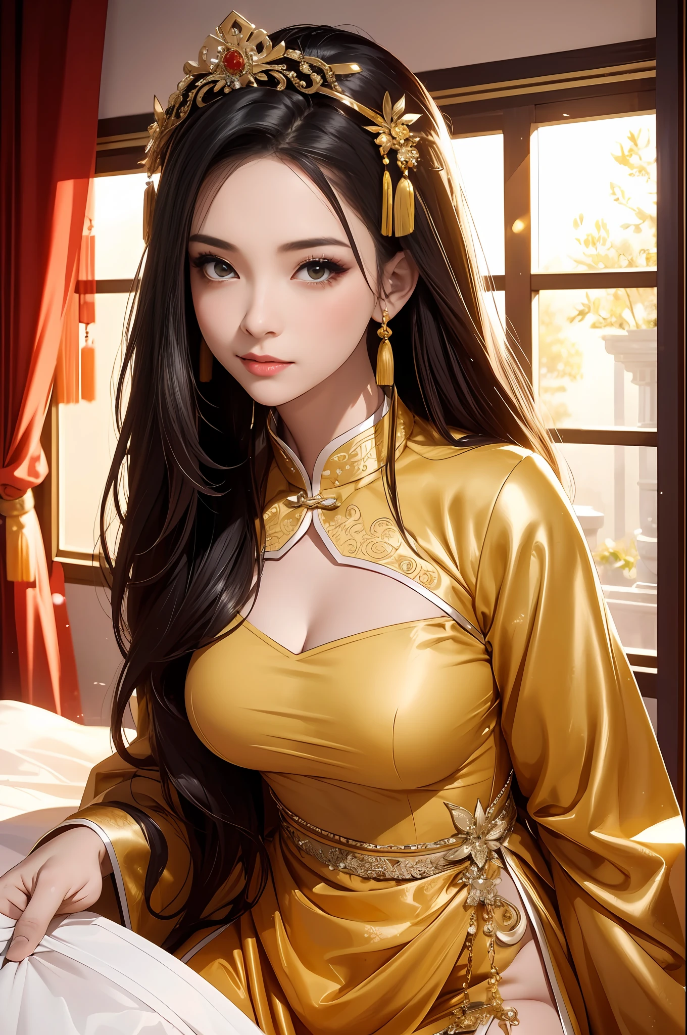 ((Best Quality)), ((Ultra High Resolution)), ((Realistic)), Fine details, Age 19 on Appearance, Black hair, Perfect face shape, Moderate Makeup:1.5, Face lighting, Accentuating Details, Long hair, Wearing Chinese Wedding Dress, Gold Headgear Decoration, Holding a fan, Red Wedding Dress Extra Points: 1.3, Gold Dress Details. portrait of a full body, windows, a bed, drapes, Candlelight, present a picture of a long-range pose.