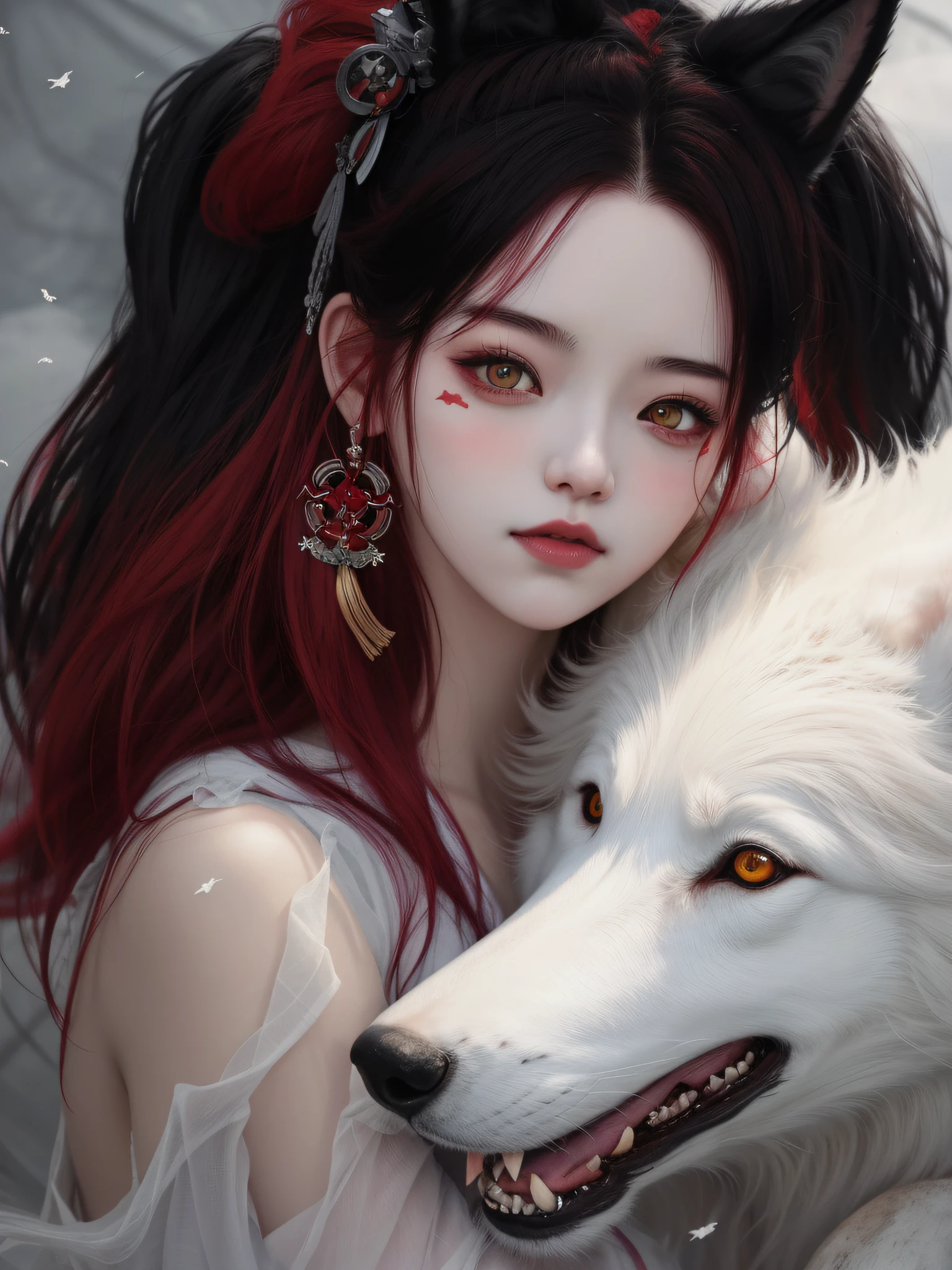 Anime girl with red hair and black ears hugging white wolf, Guviz-style artwork, Guviz, guweiz masterpiece, Guweiz in Pixiv ArtStation, Guweiz on ArtStation Pixiv, by Yang J, Loish et WLOP,Cute detailed digital art, lovely digital painting