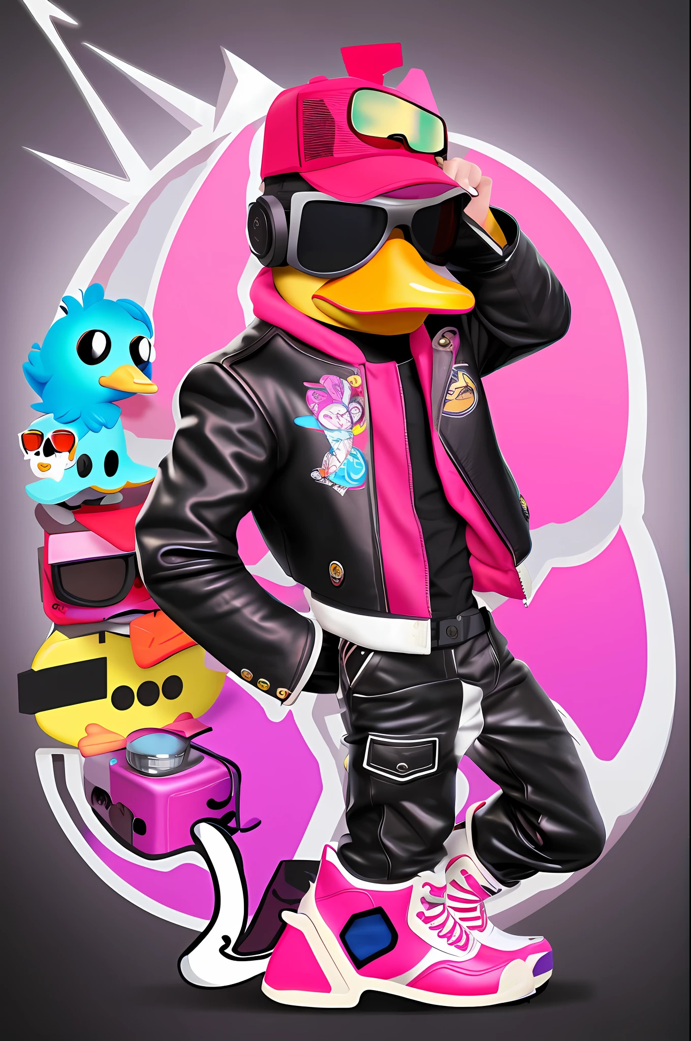 Cartoon duck playing guitar in sunglasses and leather jacket, Muppet Punk, robot duck concept portrait, the macho duck, pop punk art style, robocop duck, inspired by Jacob Duck, fantasy duck concept portrait, hand painted cartoon art style, Cartoon Art Style, detailed duck, Cartoon Art Style, extremely high quality artwork, in style of digital illustration