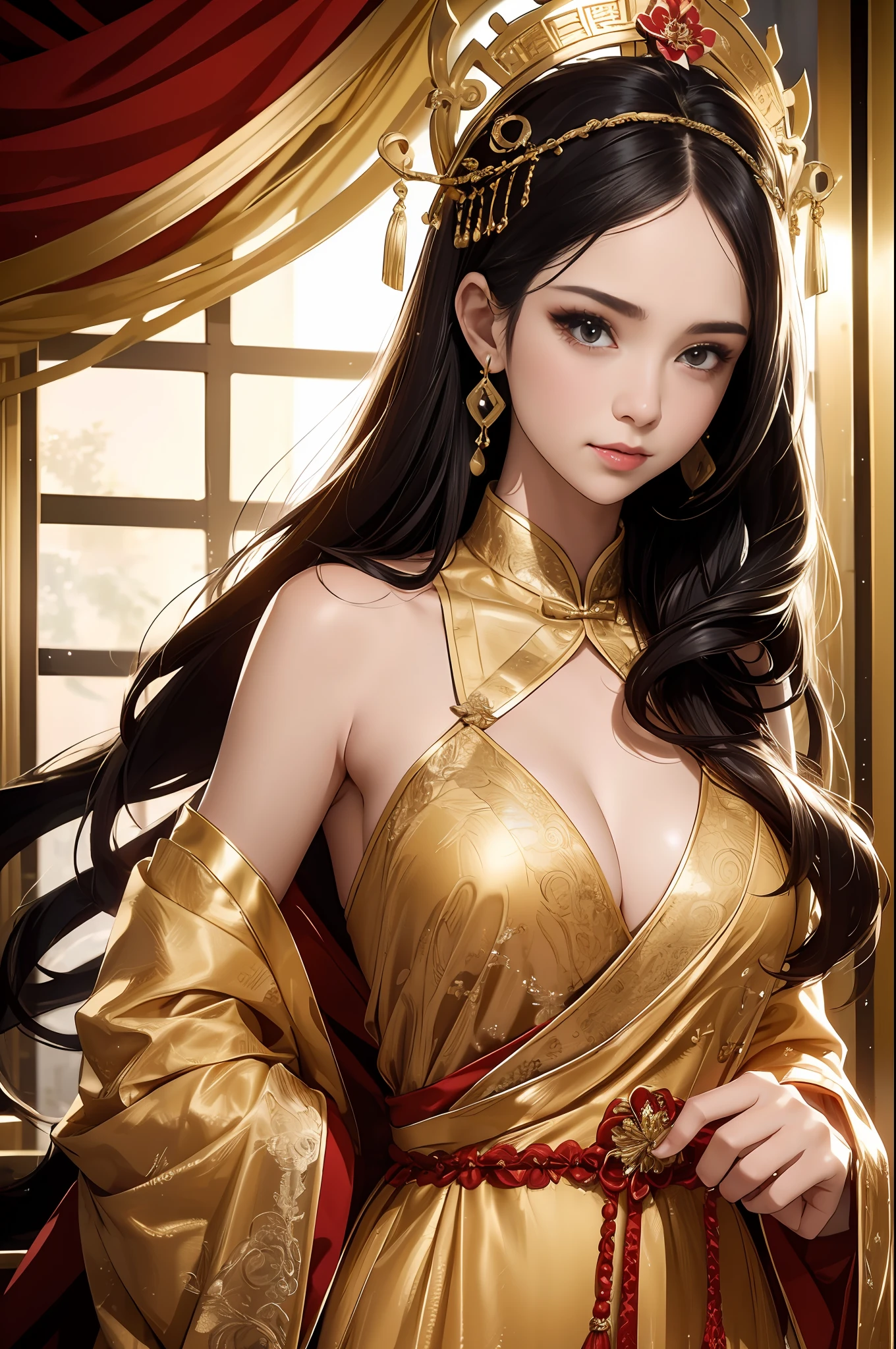 ((Best Quality)), ((Ultra High Resolution)), ((Realistic)), Fine details, Age 19 on Appearance, Black hair, Perfect face shape, Moderate Makeup:1.5, Face lighting, Accentuating Details, Long hair, Wearing Chinese Wedding Dress, Gold Headgear Decoration, Holding a fan, Red Wedding Dress Extra Points: 1.3, Gold Dress Details. portrait of a full body, windows, a bed, drapes, Candlelight, present a picture of a long-range pose.