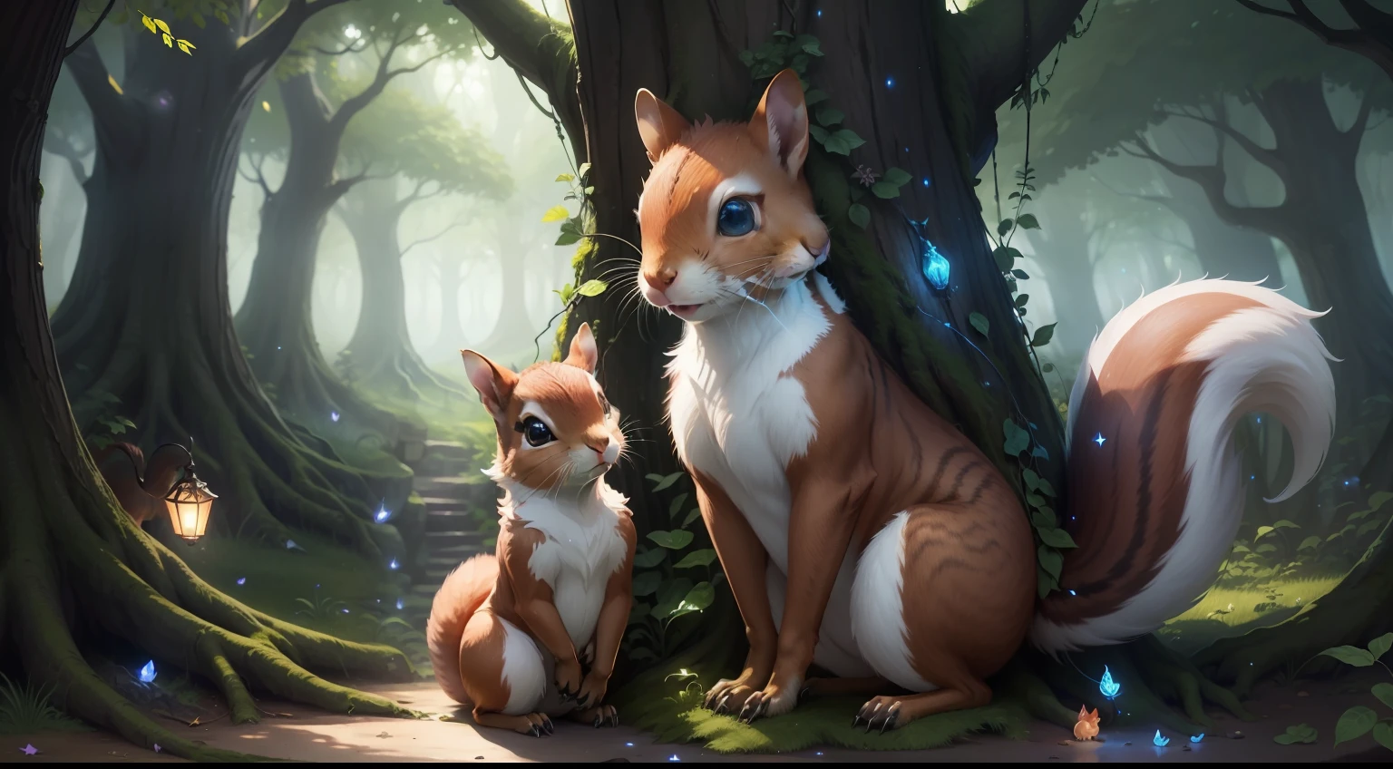 Magical creatures are scattered throughout the image, adding to the sense of wonder and fantasy. Friendly squirrels with sparkling eyes peek out from tree hollows, while fireflies flit around, leaving trails of soft, glowing light.