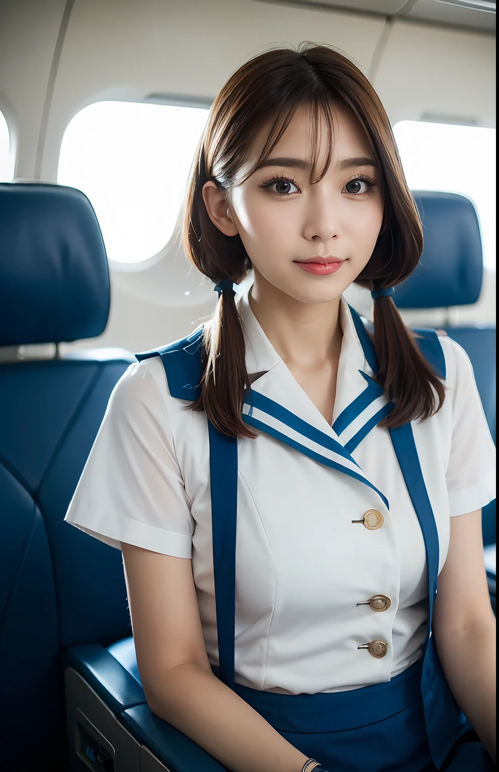 Ultra-realistic 4K photos，Ultra photo realsisim，on focus，face perfect，beauitful face，lots of fine detail，photography of，photographrealistic，top-quality，highest details，Third-Person View，Long exposure，8K，hyper HD，Hyper-detailing，awardwinning photo，
Stewardess， in an airplane， short detailed hair， poneyTail， Korea， 韓国アイドル， Korean  beauty， full body Esbian，open-shirt， white skirt， Blue Short Sleeve Korean Air Uniform，